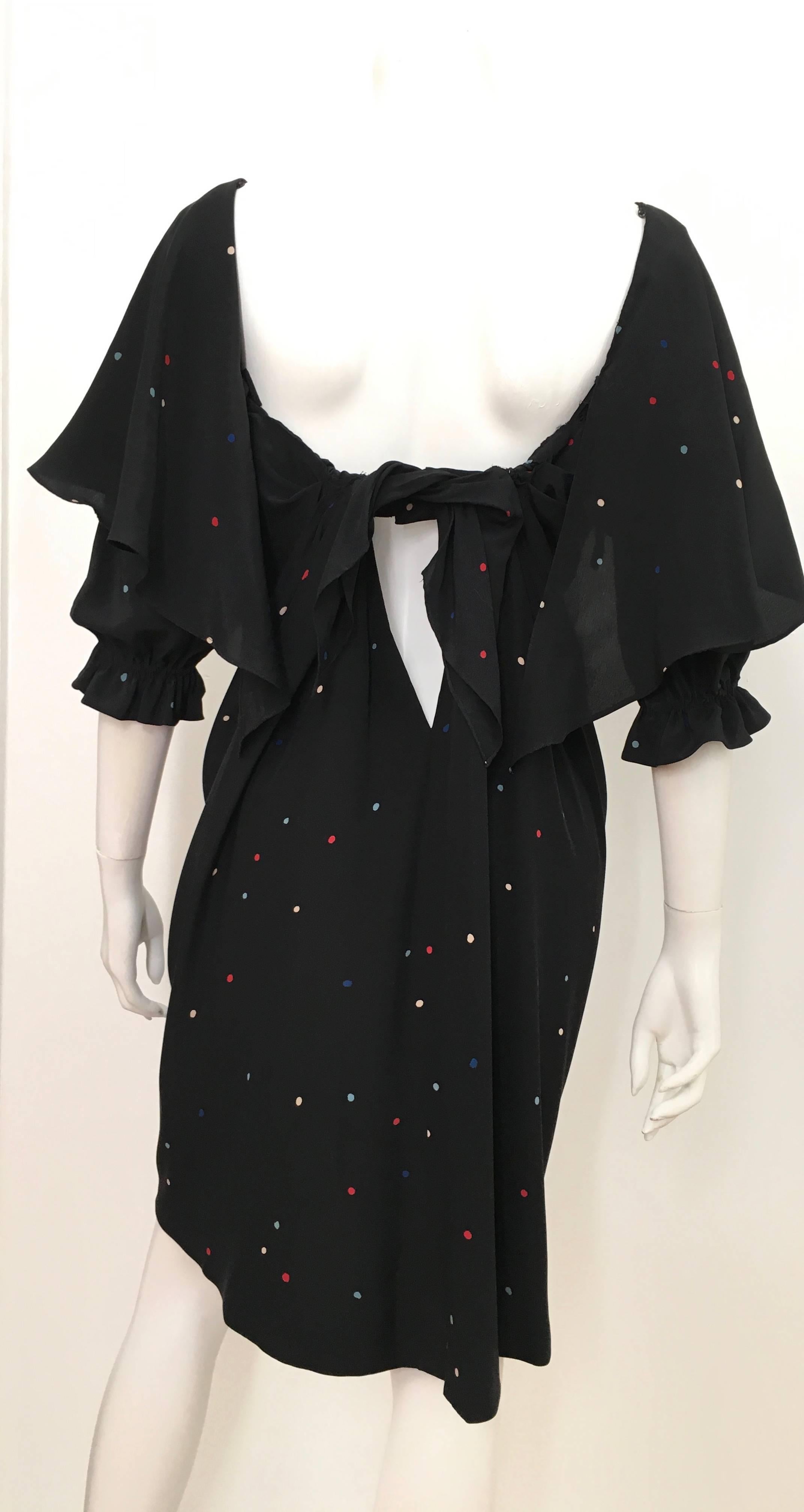 Women's Halston 1970s Black Silk Polka Dot Dress Size 6 / 8.