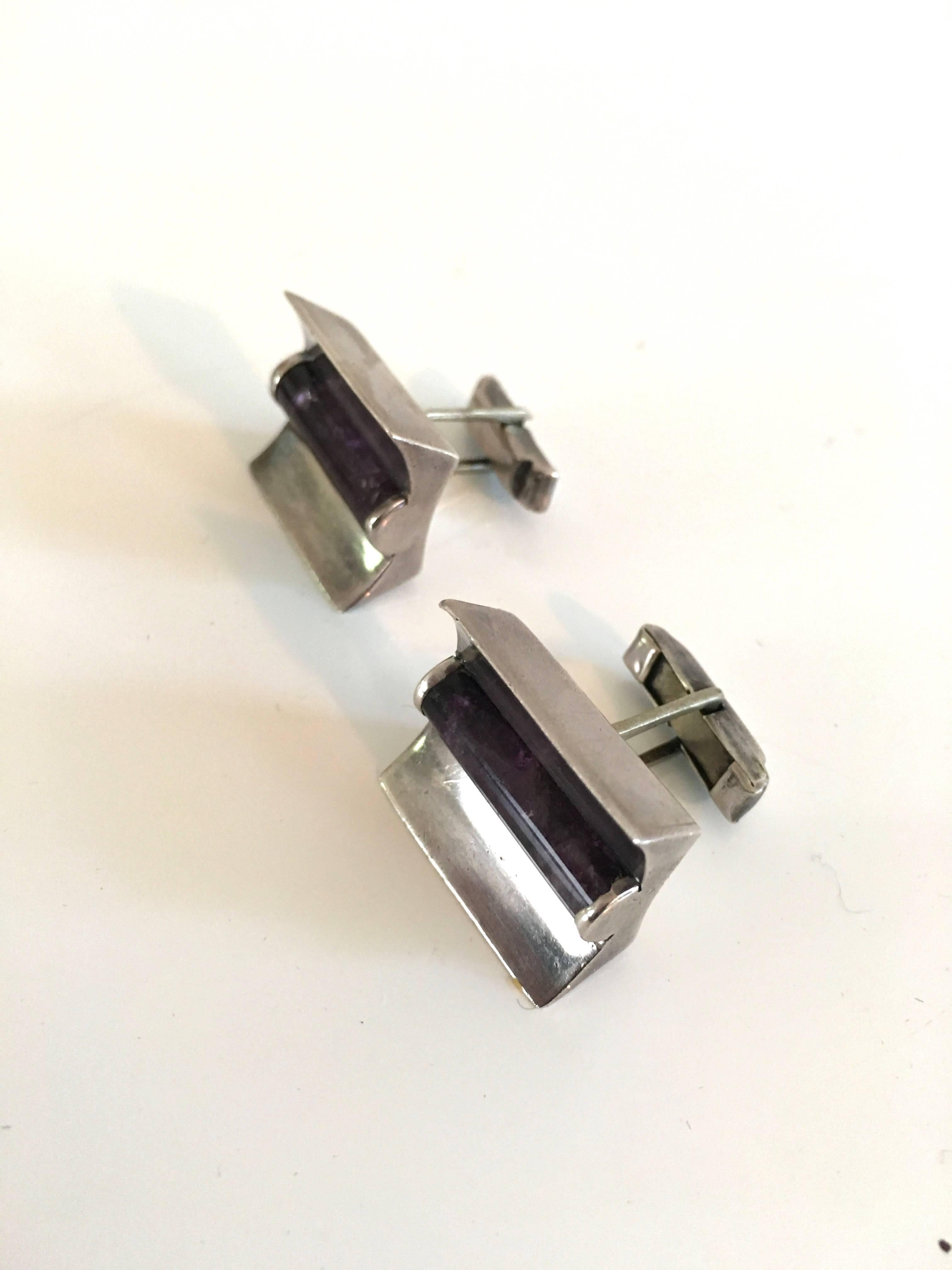 Taxco Sterling Silver & Amethyst Modern Design Cufflinks.  In Excellent Condition For Sale In Atlanta, GA