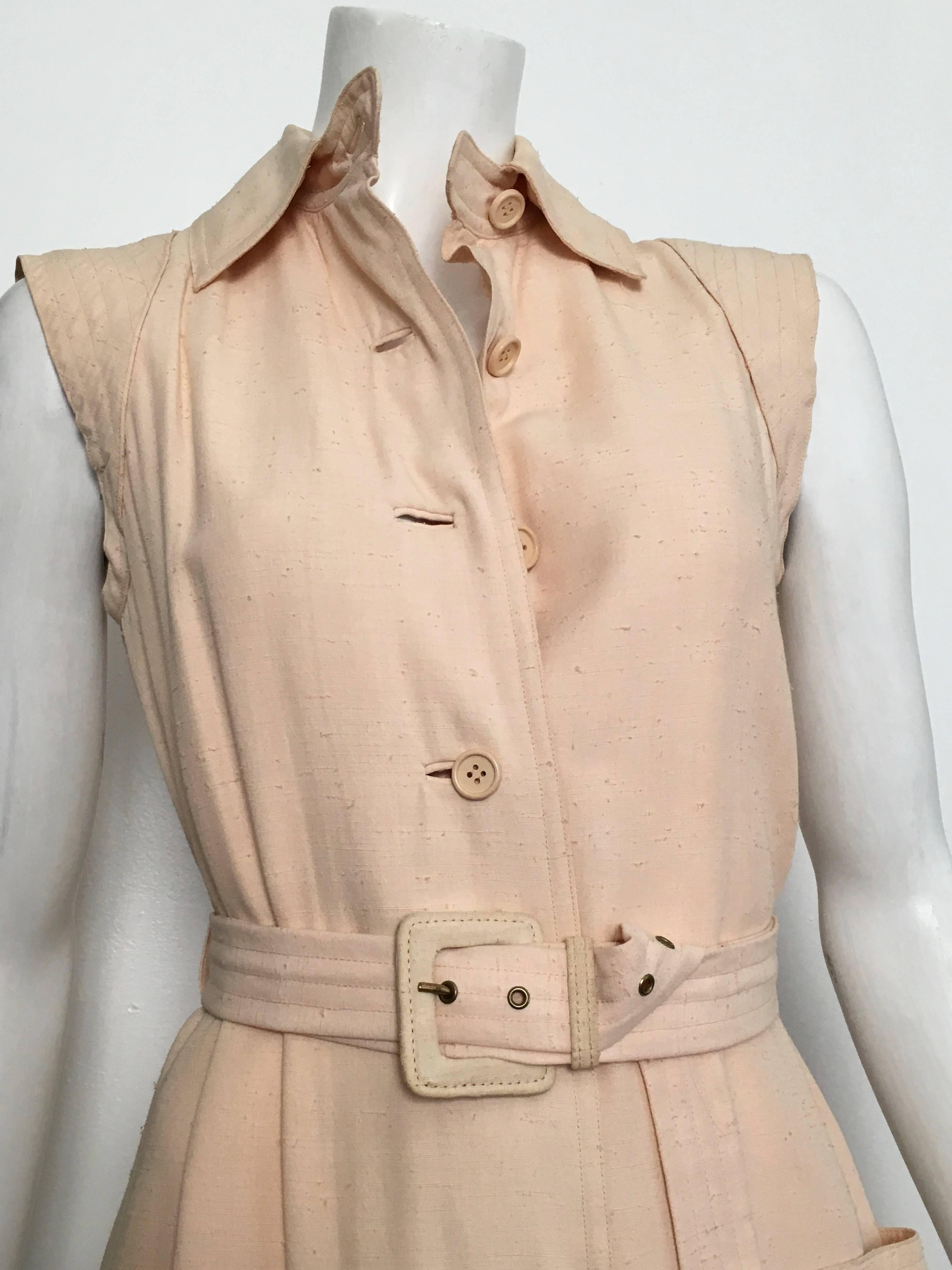 Geoffrey Beene for Neiman Marcus 1970s peach raw silk fabric button up dress with belt is a USA size 8. Ladies please use your measuring tape so you can properly measure your bust, waist & hips to make certain this is what Geoffrey would approve of.