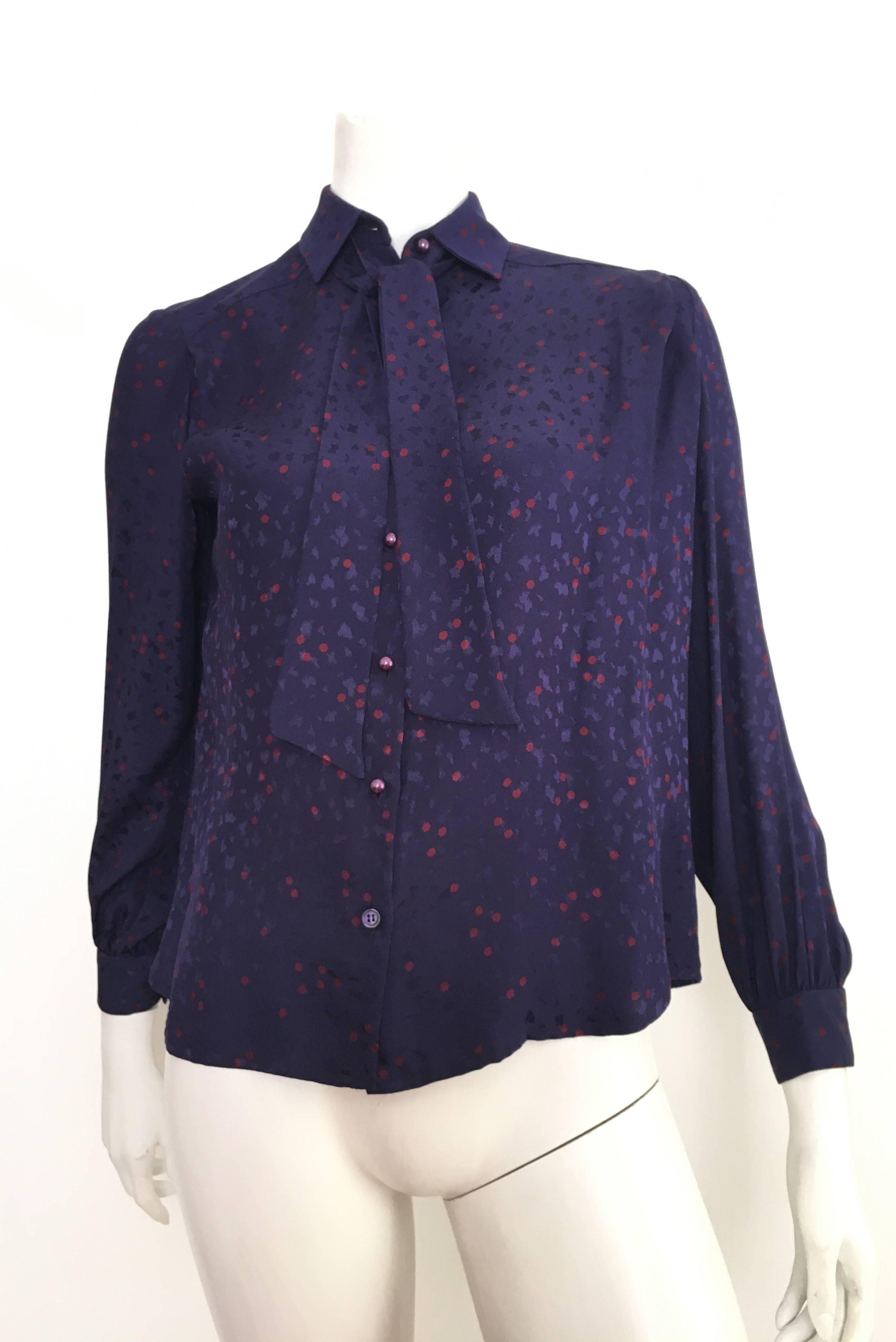 David Hayes for Saks Fifth Avenue 1984 navy silk blouse with matching silk jacket set is a size 4. Matilda the mannequin is a size 4 and this fits her beautifully.  Ladies please grab your trusted measuring tape so you can properly measure your bust