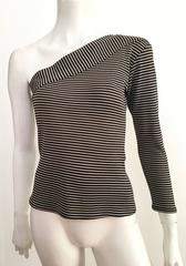 Saint Laurent 1980s Black & White Striped Knit One Shoulder Top Size 4.