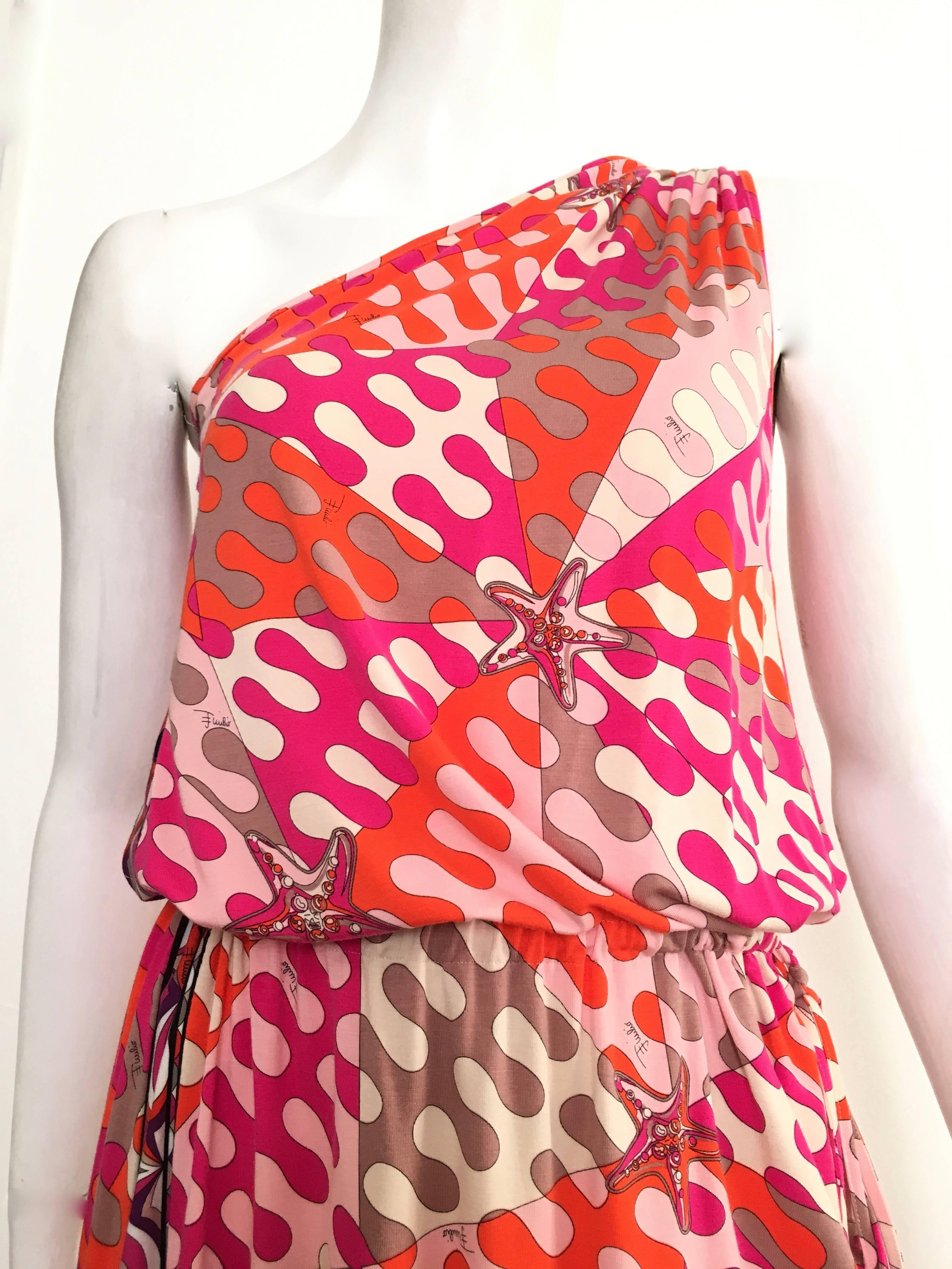 Emilio Pucci whimsical starfish pattern off the shoulder knit dress is a size 6.  Ladies please grab your tape measure so you can properly measure your bust, waist & hips to make certain this gorgeous playful dress will fit you to perfection.