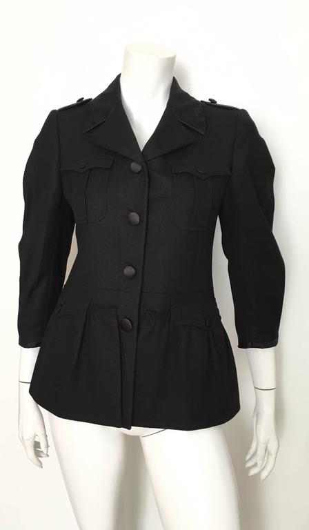 Miu Miu Black Wool Silk Trim Peplum Jacket Size 4. For Sale at 1stDibs