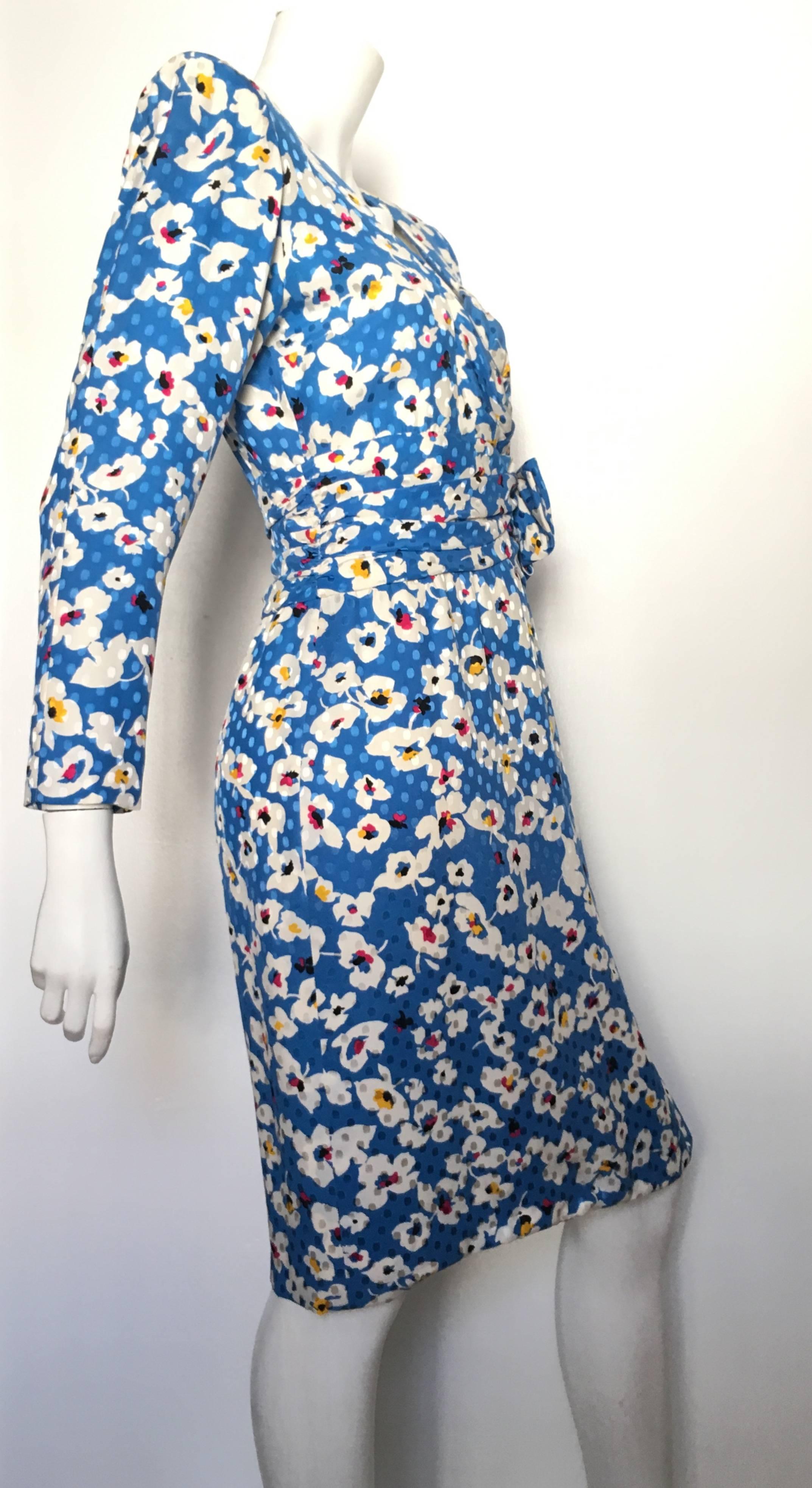 Blue Nina Ricci 1980s Silk Floral Sheath Dress Size 4 / 6. For Sale