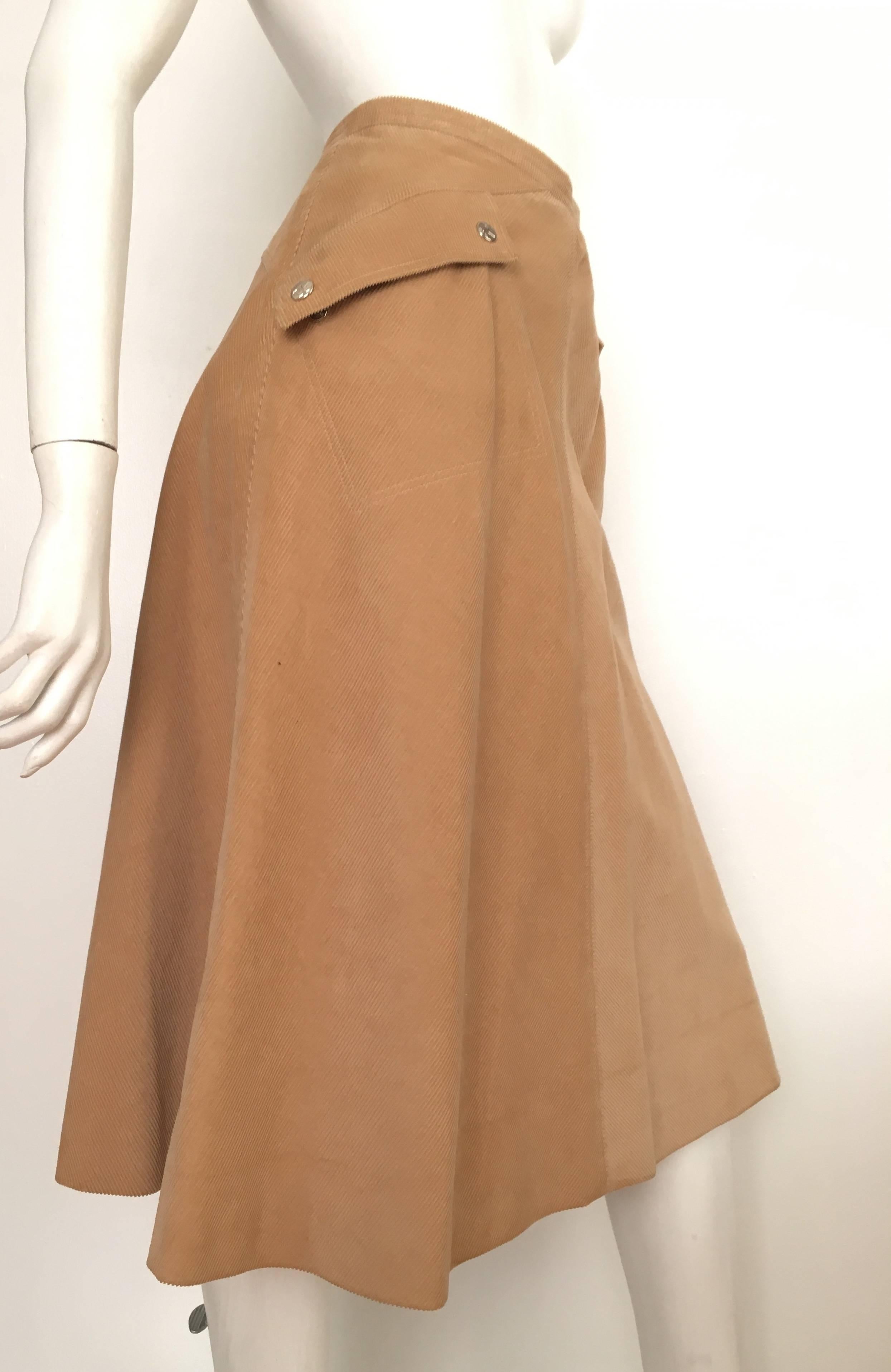 Brown Courreges 1970s Khaki Corduroy A-Line Skirt With Pockets Size 4. For Sale