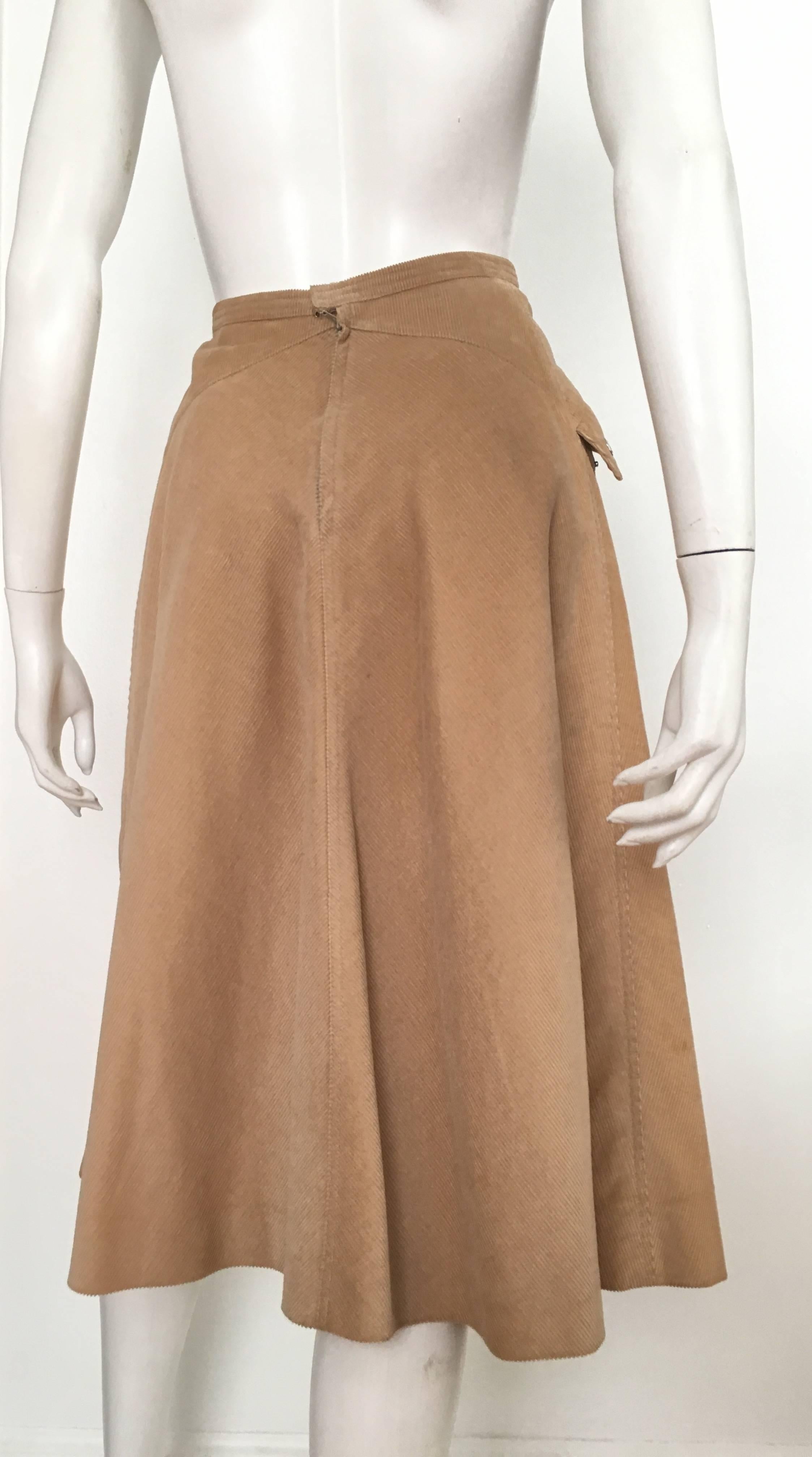 Women's or Men's Courreges 1970s Khaki Corduroy A-Line Skirt With Pockets Size 4. For Sale