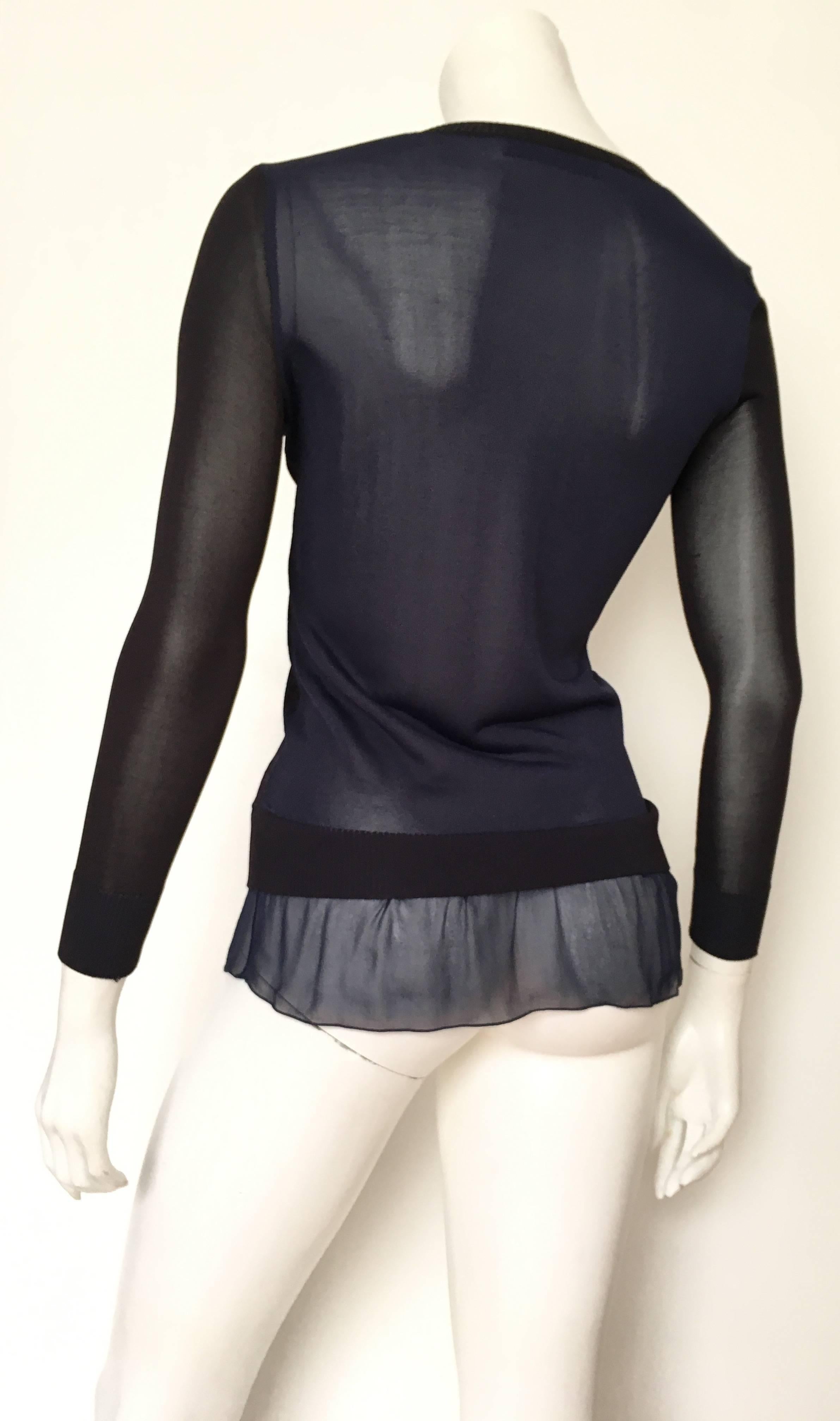 Prabal Gurung Navy & Black Sheer V-Neck Top Size XS. For Sale 1