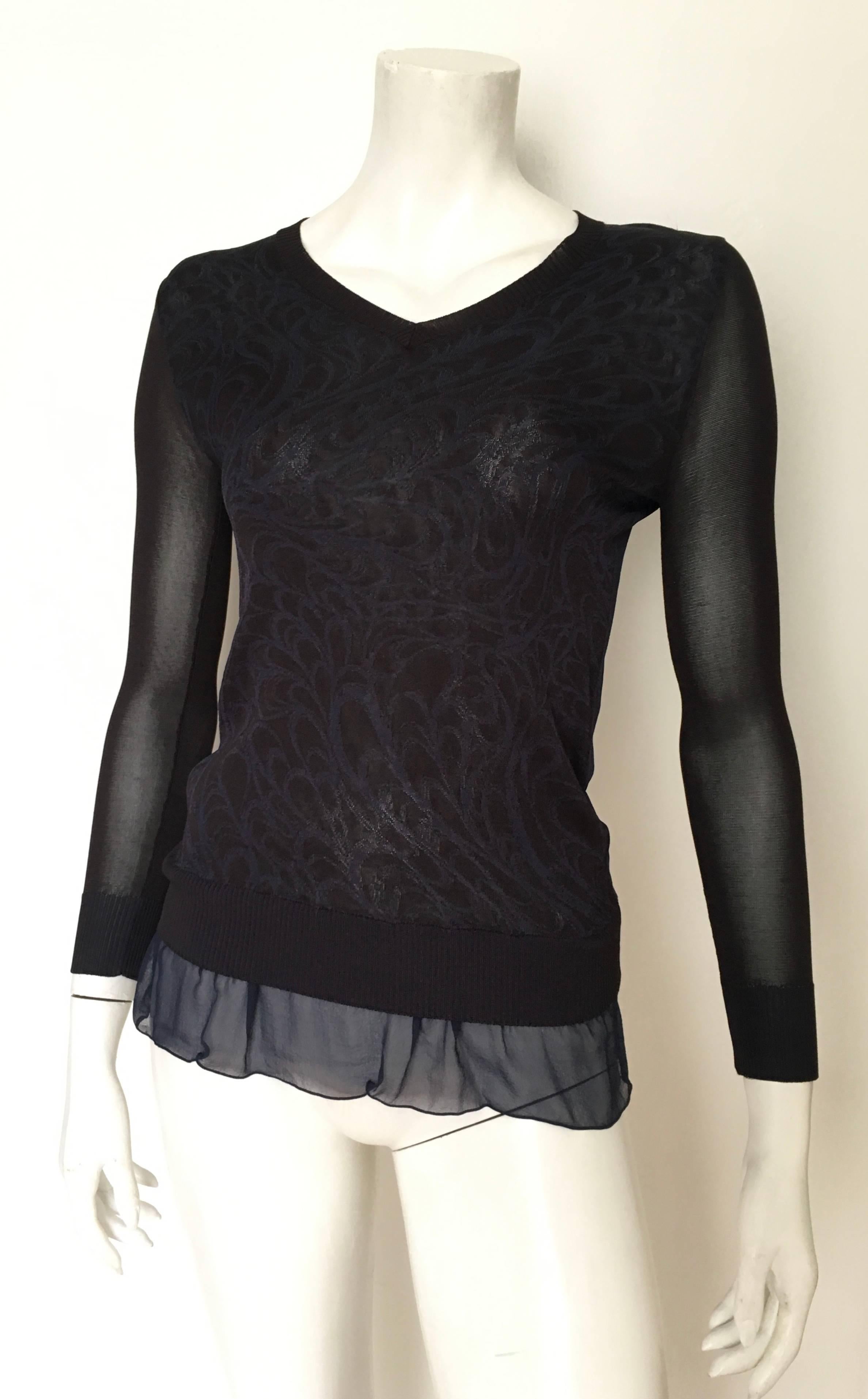 Prabal Gurung Navy & Black Sheer V-Neck Top Size XS. For Sale 6