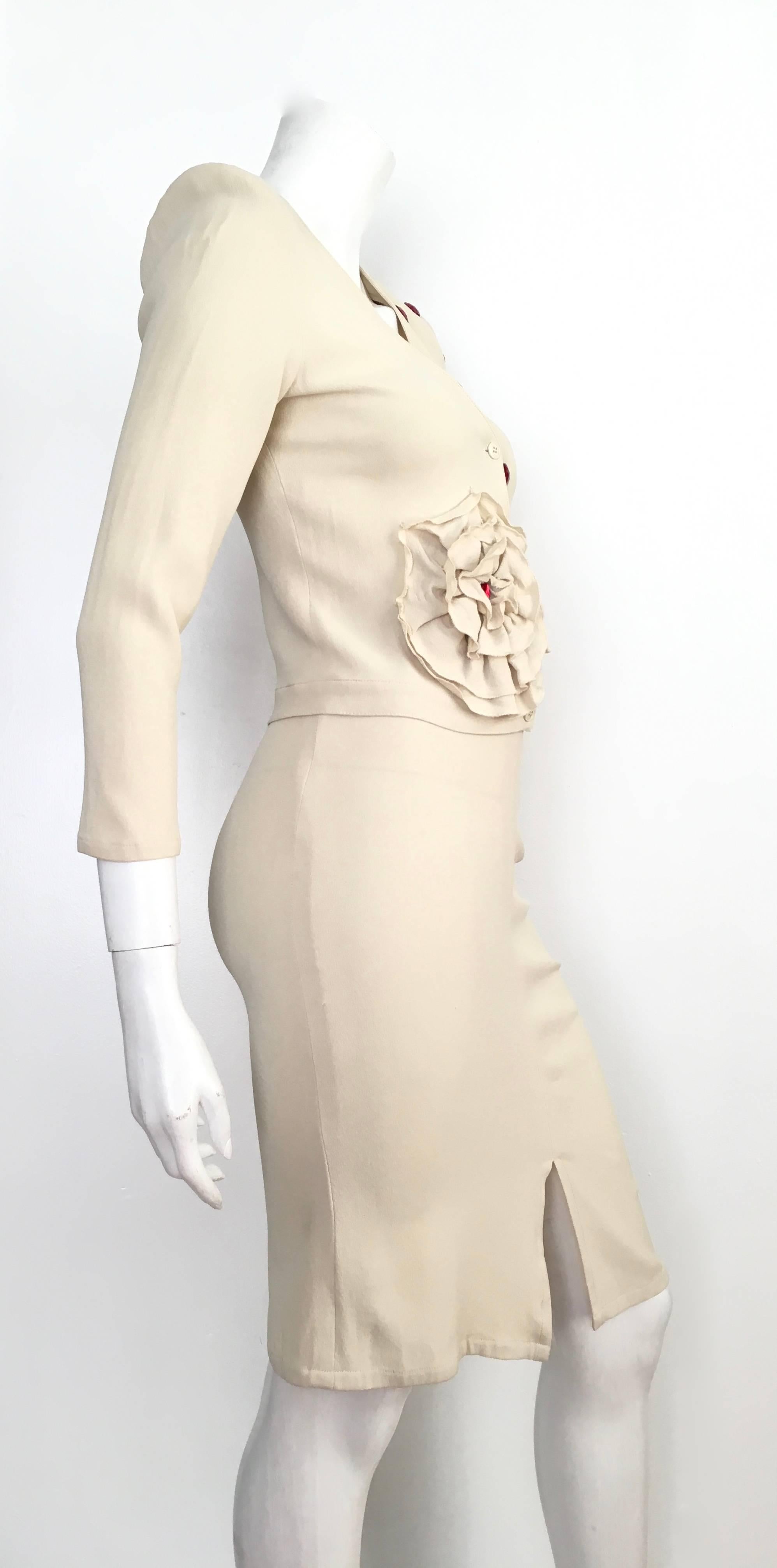 White Sonia Rykiel 1980s Cream Skirt Suit with Red Rhinestones Size 4.  For Sale