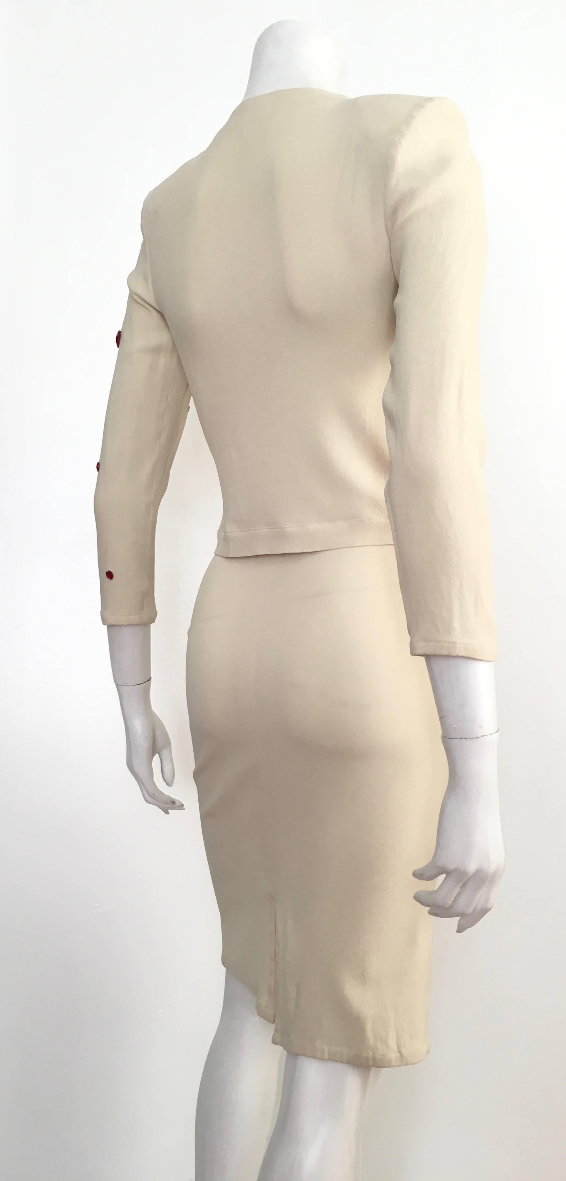 Sonia Rykiel 1980s Cream Skirt Suit with Red Rhinestones Size 4.  In Excellent Condition For Sale In Atlanta, GA