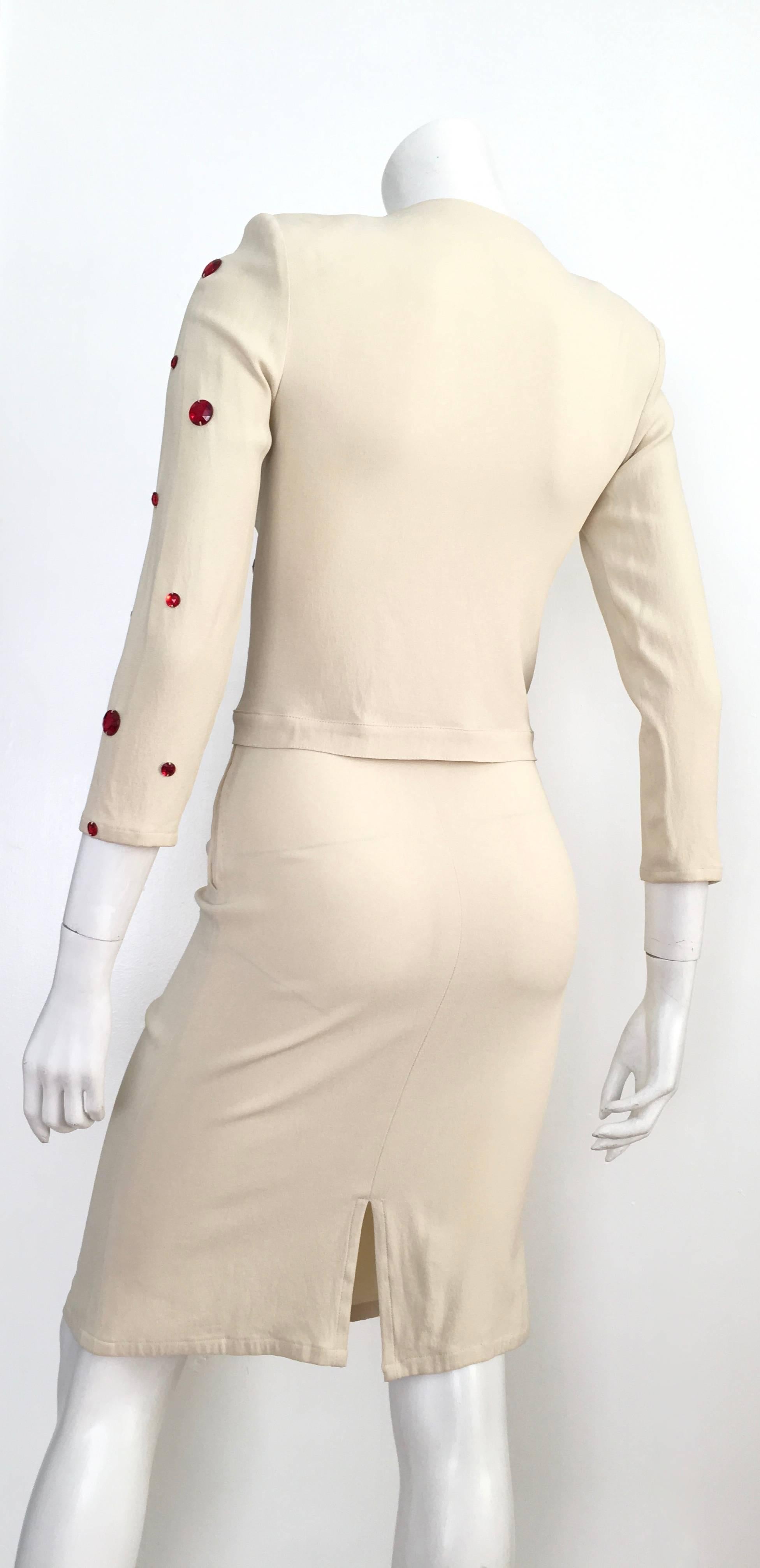 Women's or Men's Sonia Rykiel 1980s Cream Skirt Suit with Red Rhinestones Size 4.  For Sale