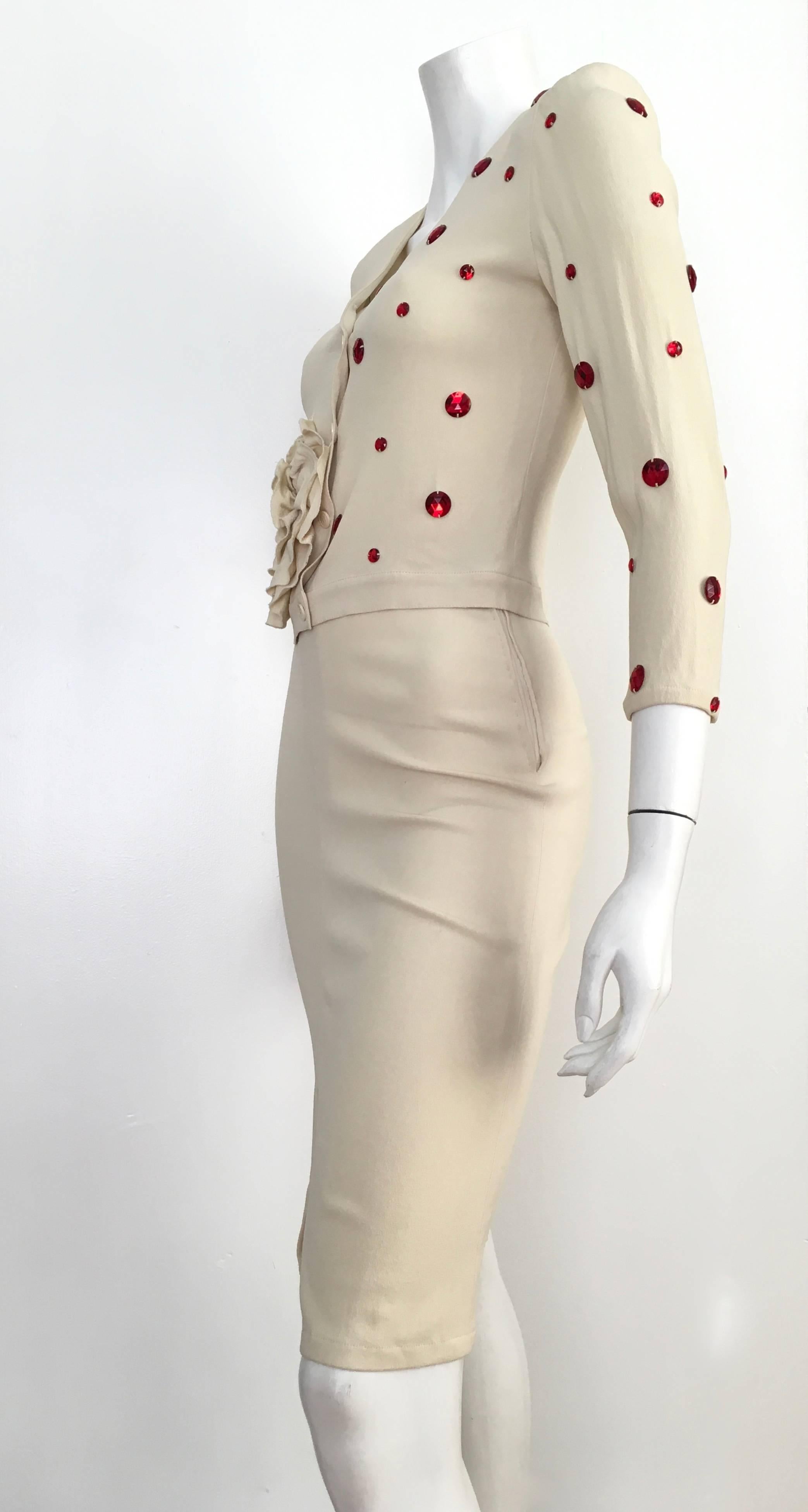 Sonia Rykiel 1980s Cream Skirt Suit with Red Rhinestones Size 4.  For Sale 1