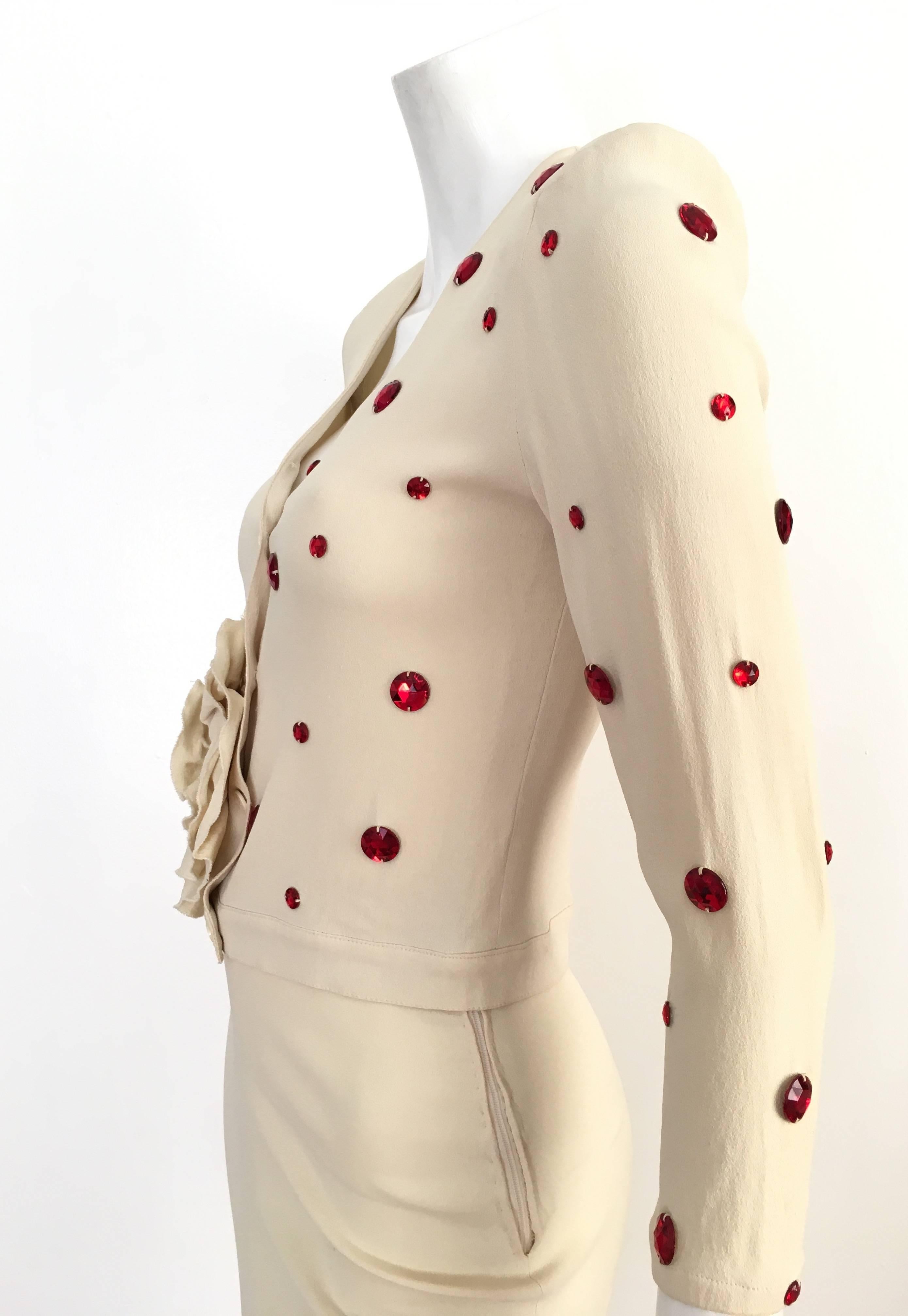 Sonia Rykiel 1980s Cream Skirt Suit with Red Rhinestones Size 4.  For Sale 2