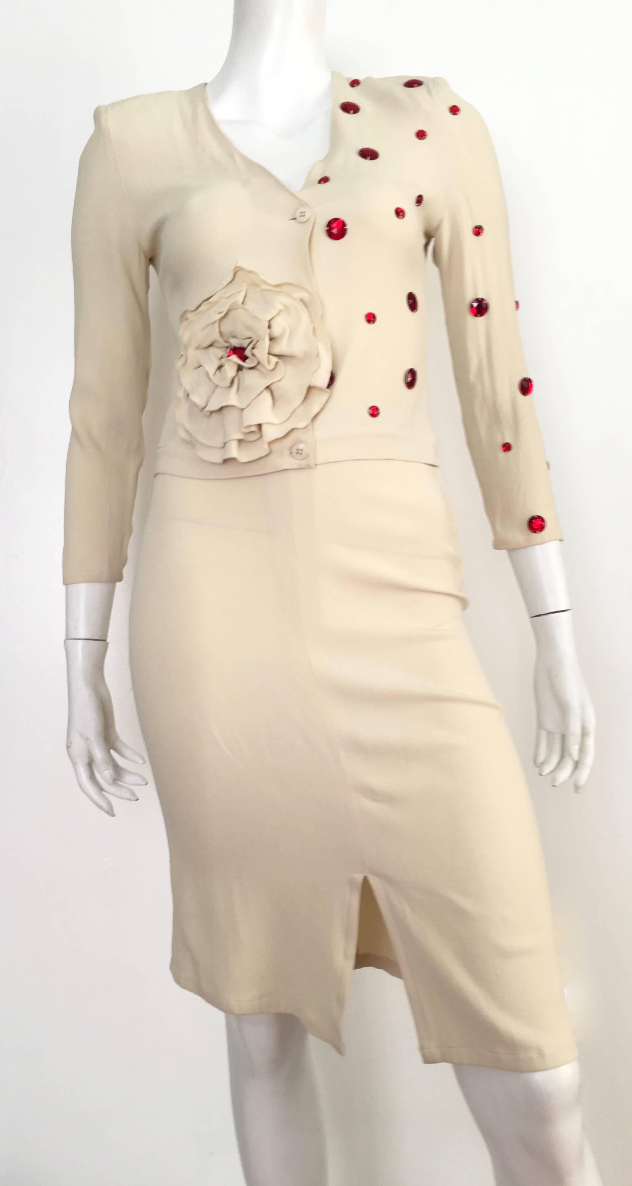 Sonia Rykiel 1980s Cream Skirt Suit with Red Rhinestones Size 4.  For Sale 5