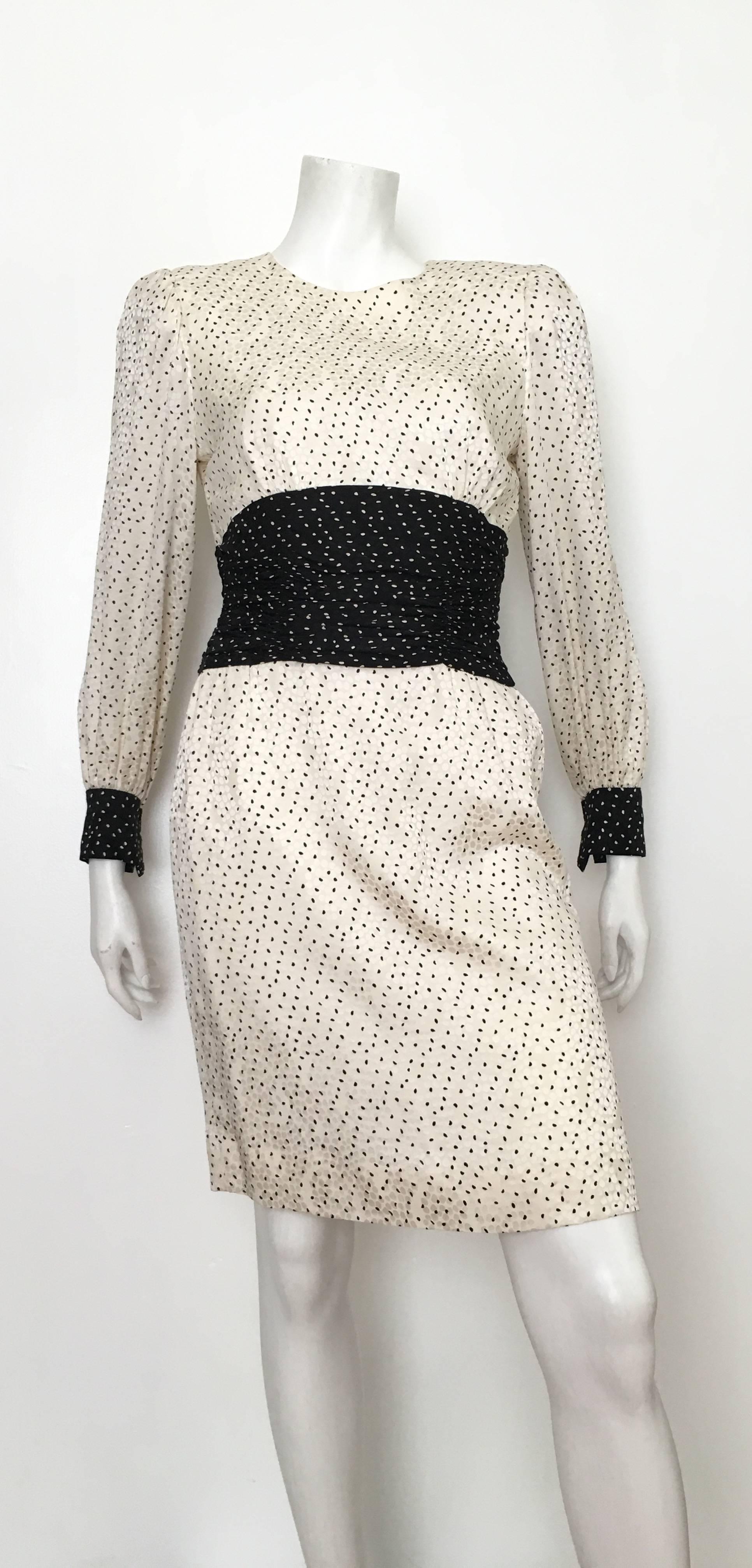 Carolina Herrera 1980s Cream & Black Silk Dress Size 6. 5