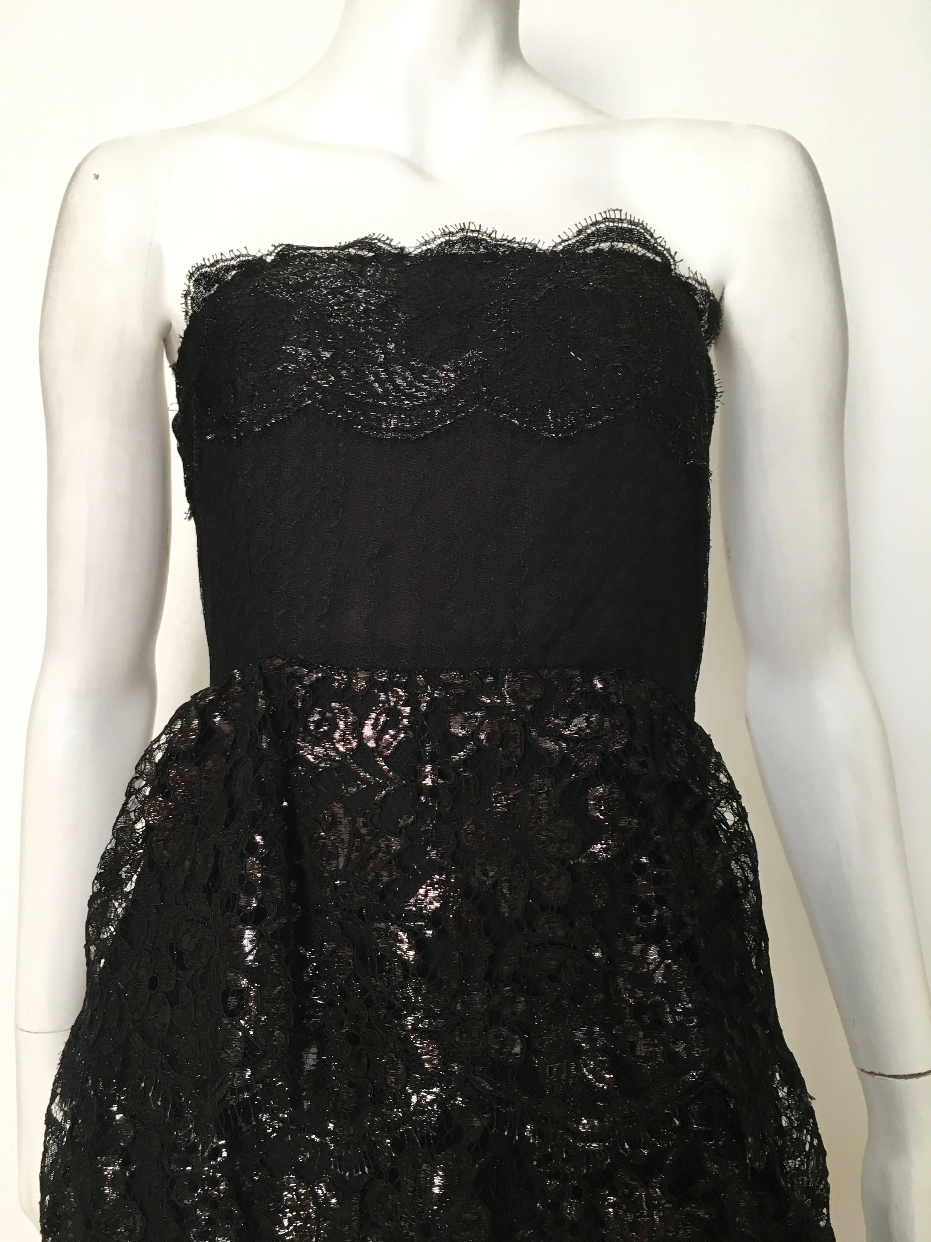 Pamela Dennis 1990s black strapless layered lace evening cocktail dress is a size 4.  Ladies please grab your tape measure so you can measure your bust, waist & hips to make certain this gorgeous dress will fit your lovely body. Want to make an
