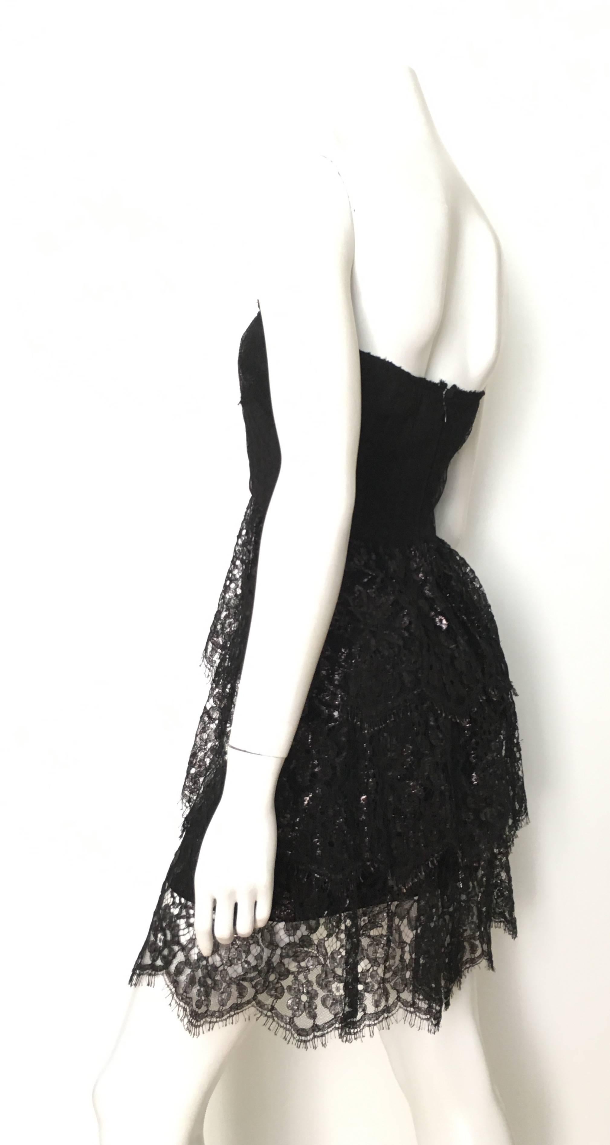 Pamela Dennis 1990s Black Strapless Lace Cocktail Dress Size 4.  For Sale 3