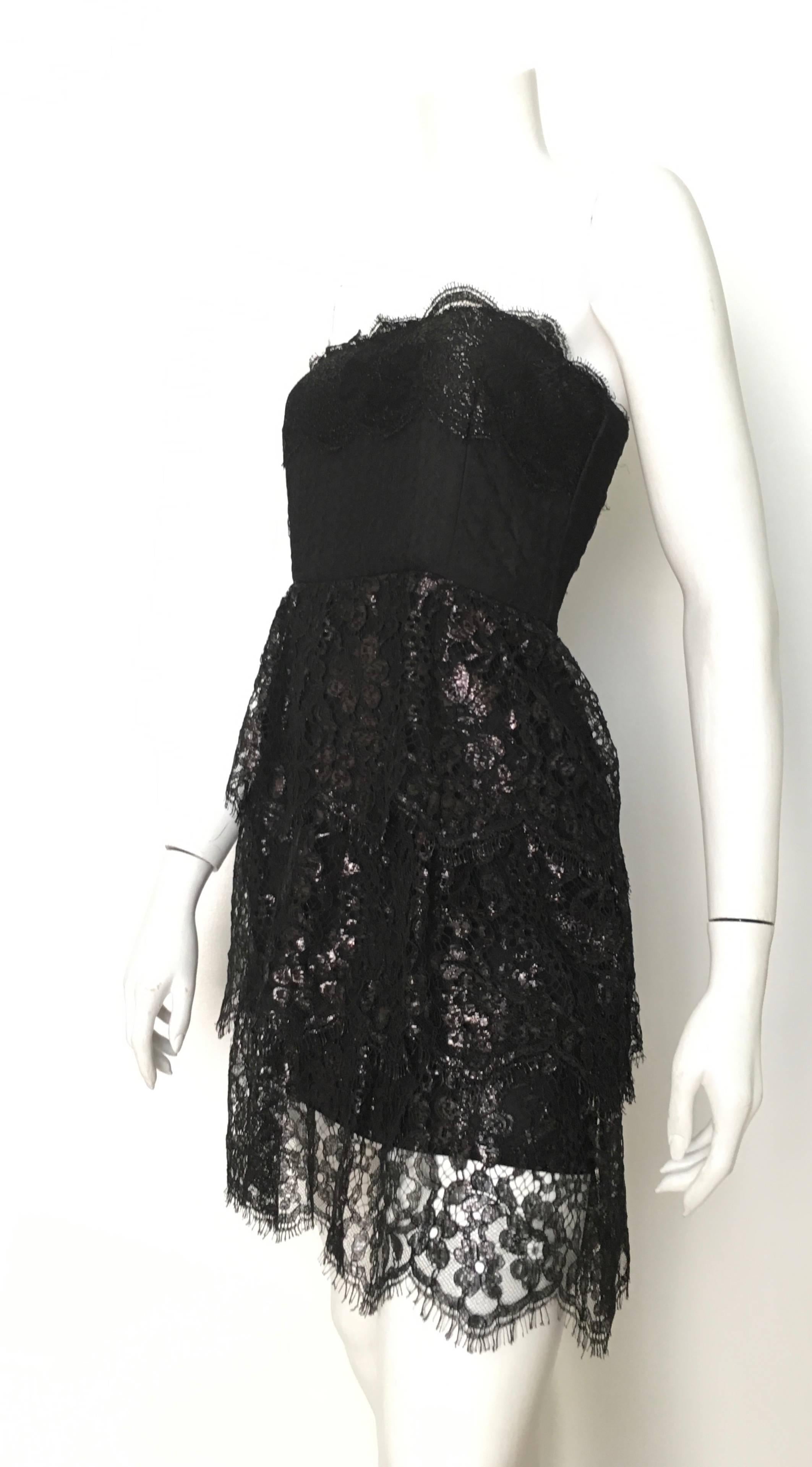 Pamela Dennis 1990s Black Strapless Lace Cocktail Dress Size 4.  For Sale 4