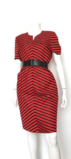 Louis Feraud 1980s Red & Navy Striped Cotton Dress with Pockets Size 12.