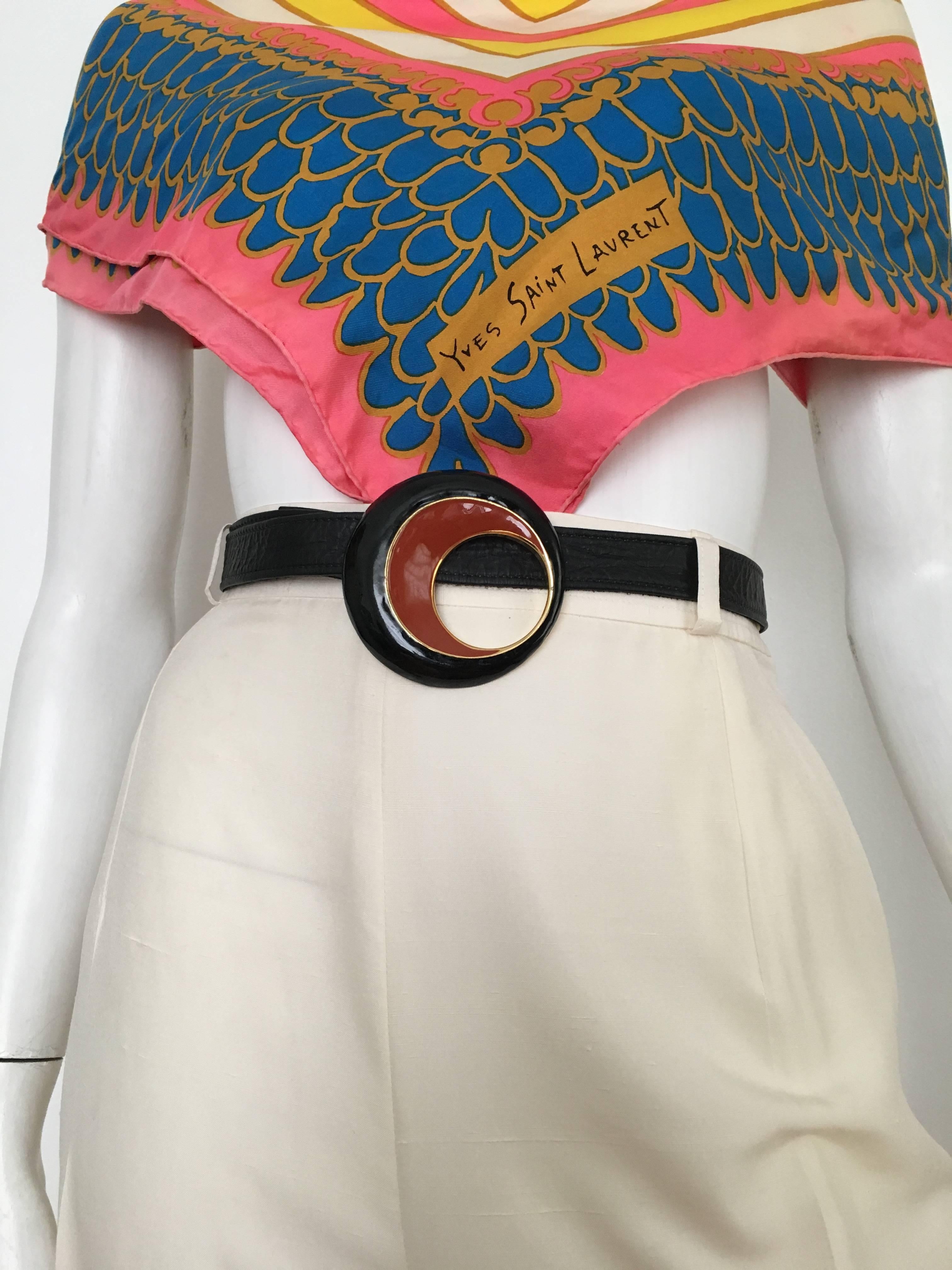 Alexis Kirk 1980s fabulous modern abstract black & rust buckle with black strap belt. There are multiple ways you can tie this belt strap and just look fabulously CHIC. Alexis Kirk studied art under Walter Gropius at Harvard University, and also