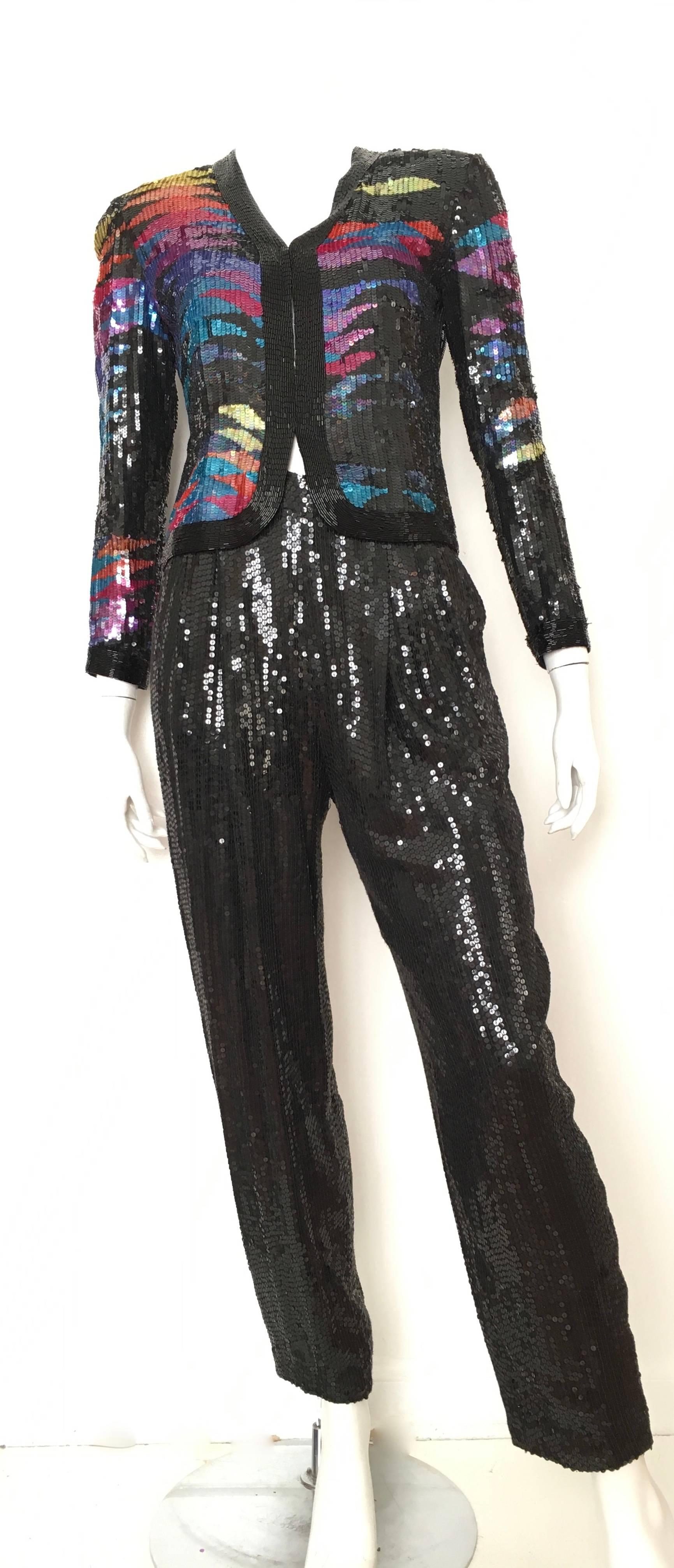 Neil Bieff for Sak's Fifth Avenue 1980s sequin jacket & pants, with pockets, suit is an USA size 4.  Ladies please grab your trusted tape measure so you can measure your bust, waist & hips to make certain this vintage treasure will fit your lovely