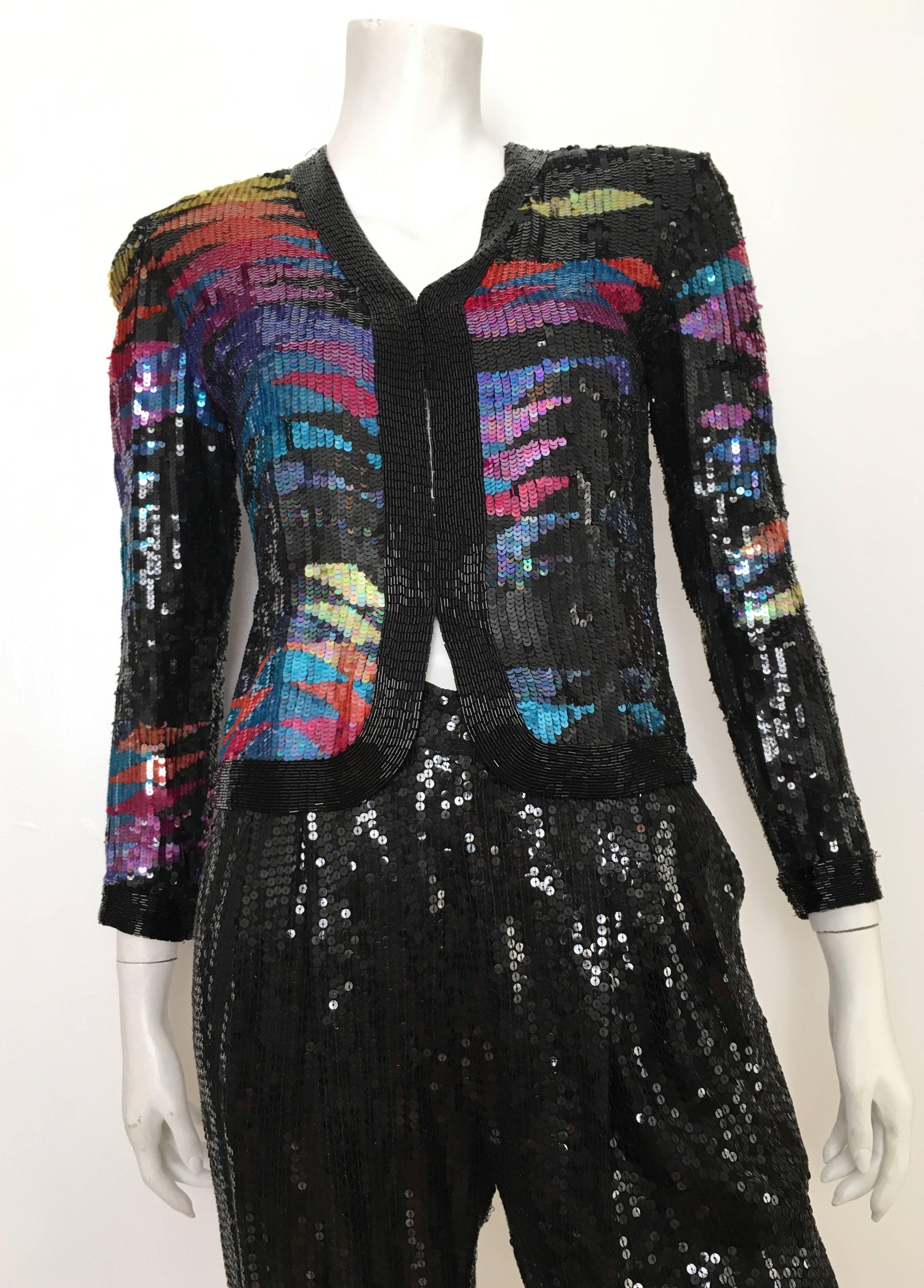 Black Neil Bieff for Sak's 1980s Sequin Jacket & Pants Set Size 4.  For Sale