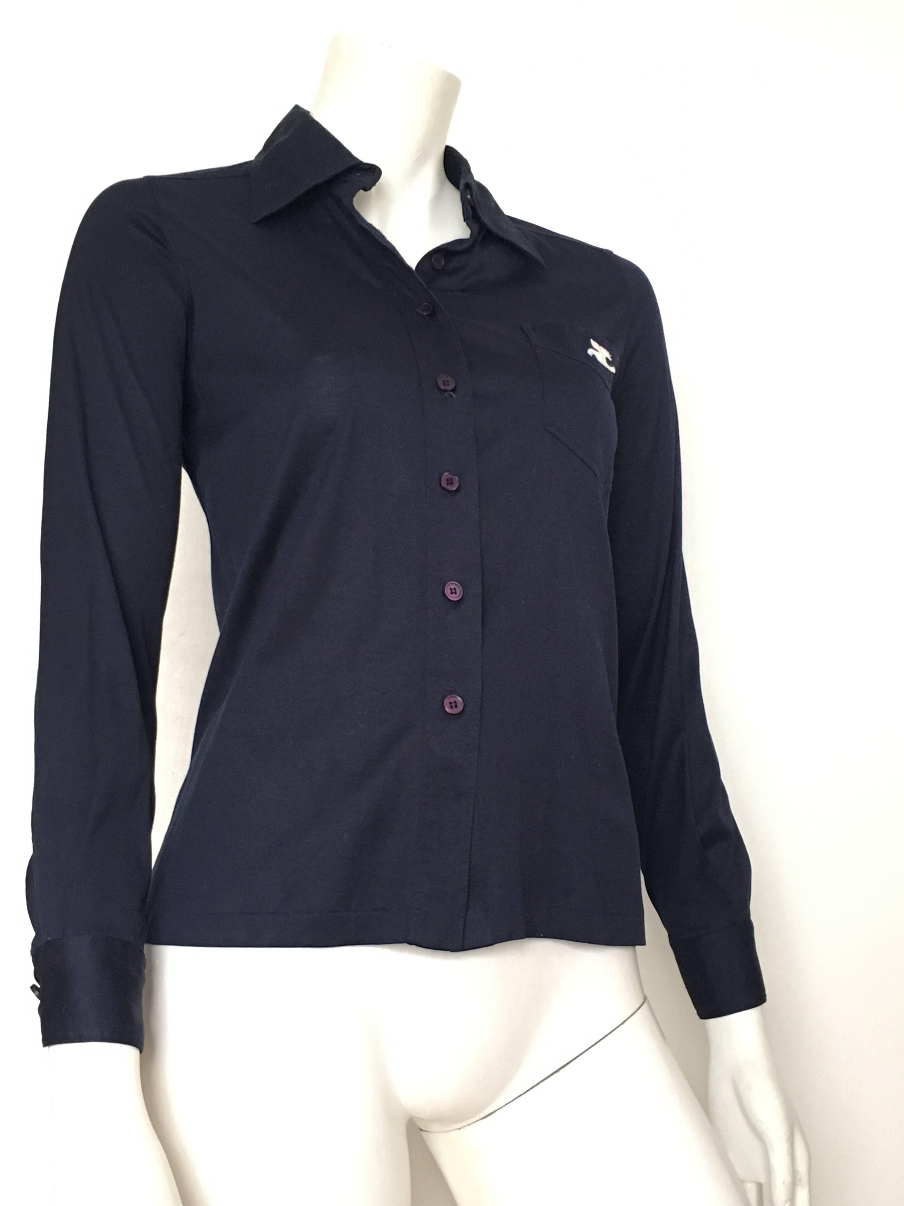 Black Courreges 1980s Navy Cotton Button Up Blouse Size 4.