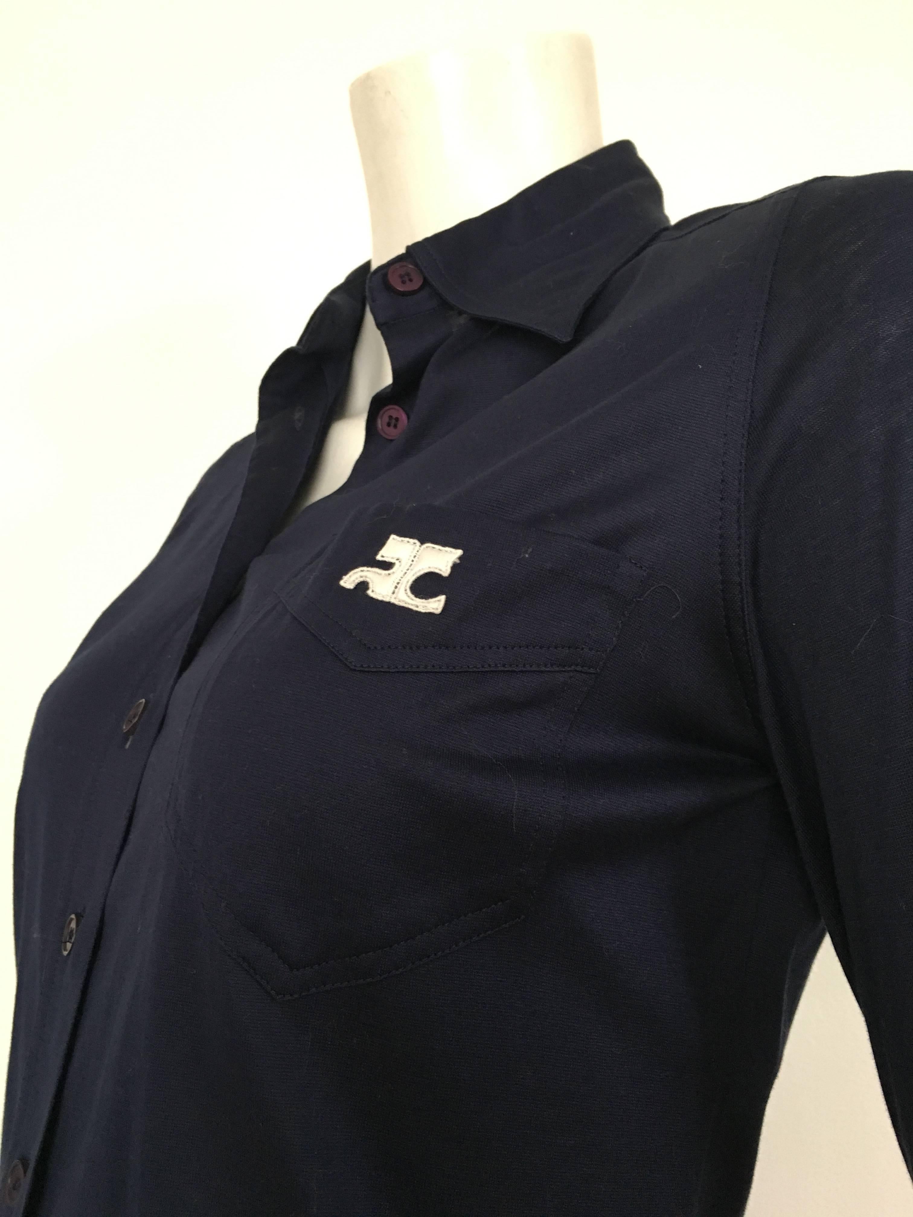 Courreges 1980s Navy Cotton Button Up Blouse Size 4. 4
