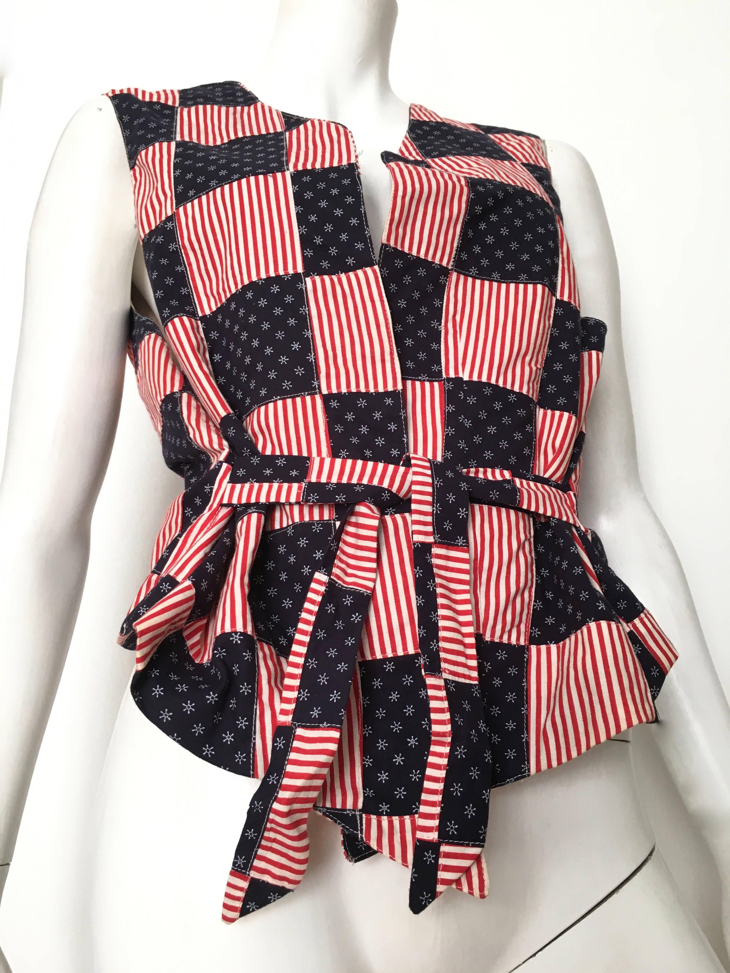 Dior Monsieur 1980s cotton red-white-blue patchwork vest is an ex-large size. I styled this Dior vest as a ladies item because I think a woman could rock this vest. Using the tie strings from the back, I showed how you could tie the strings in the