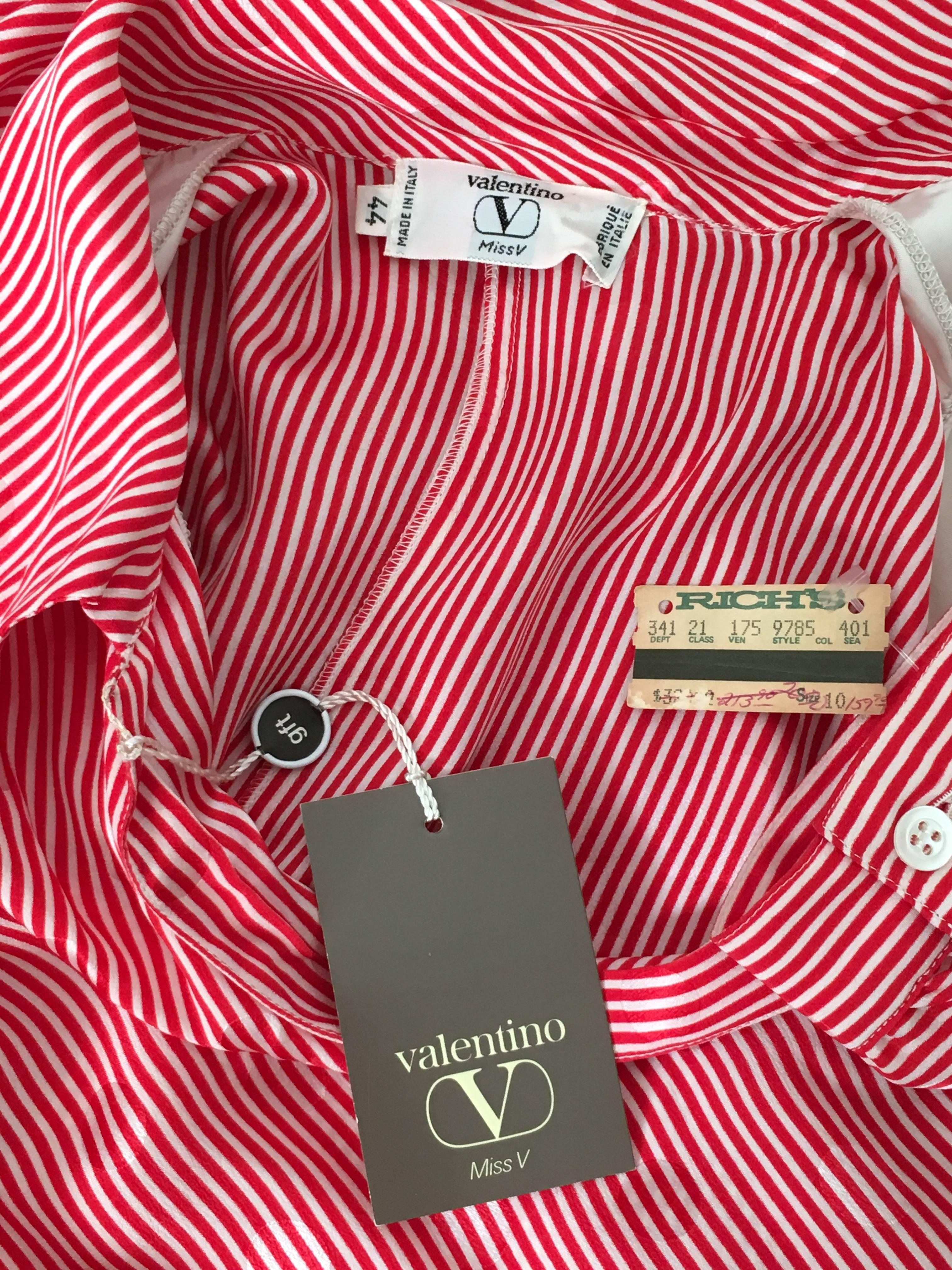 Valentino 1980s Silk Red & White Striped Blouse Size 8 Never Worn. For Sale 2