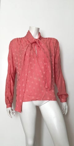 Valentino 1980s Silk Red & White Striped Blouse Size 8 Never Worn.