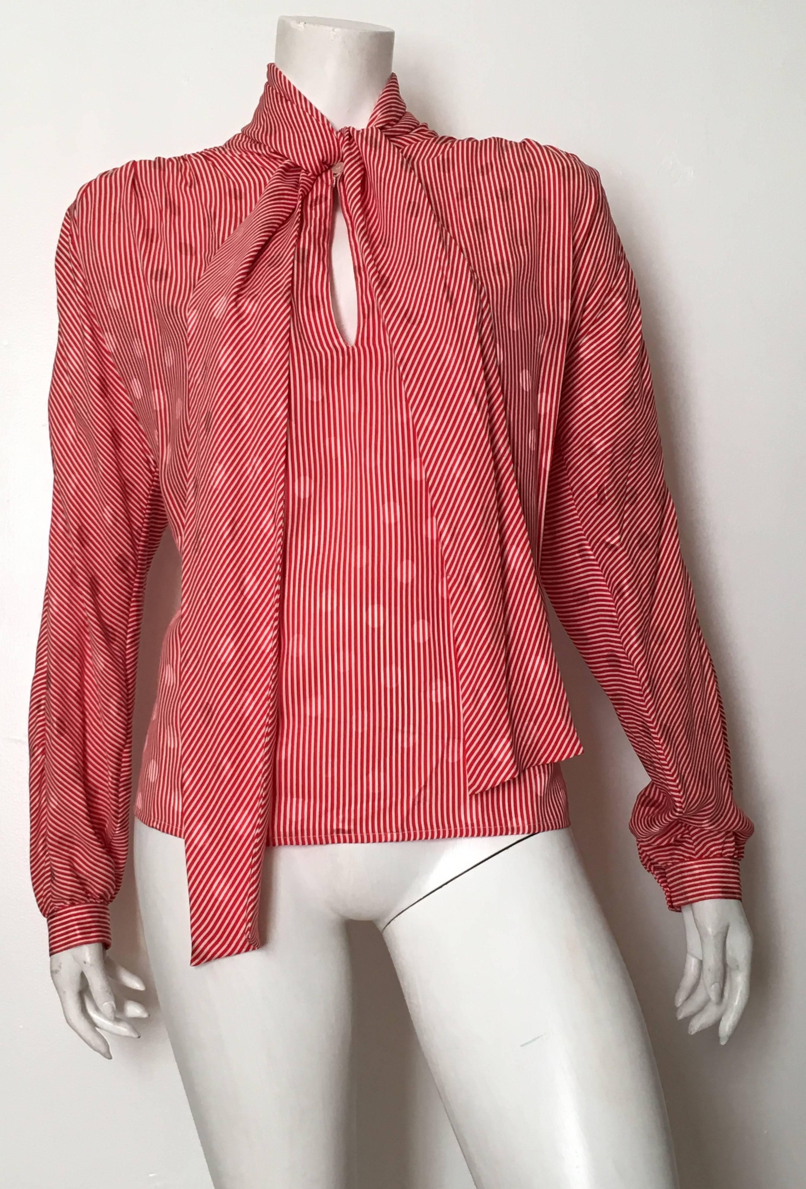 Valentino 1980s Silk Red & White Striped Blouse Size 8 Never Worn. For Sale 1