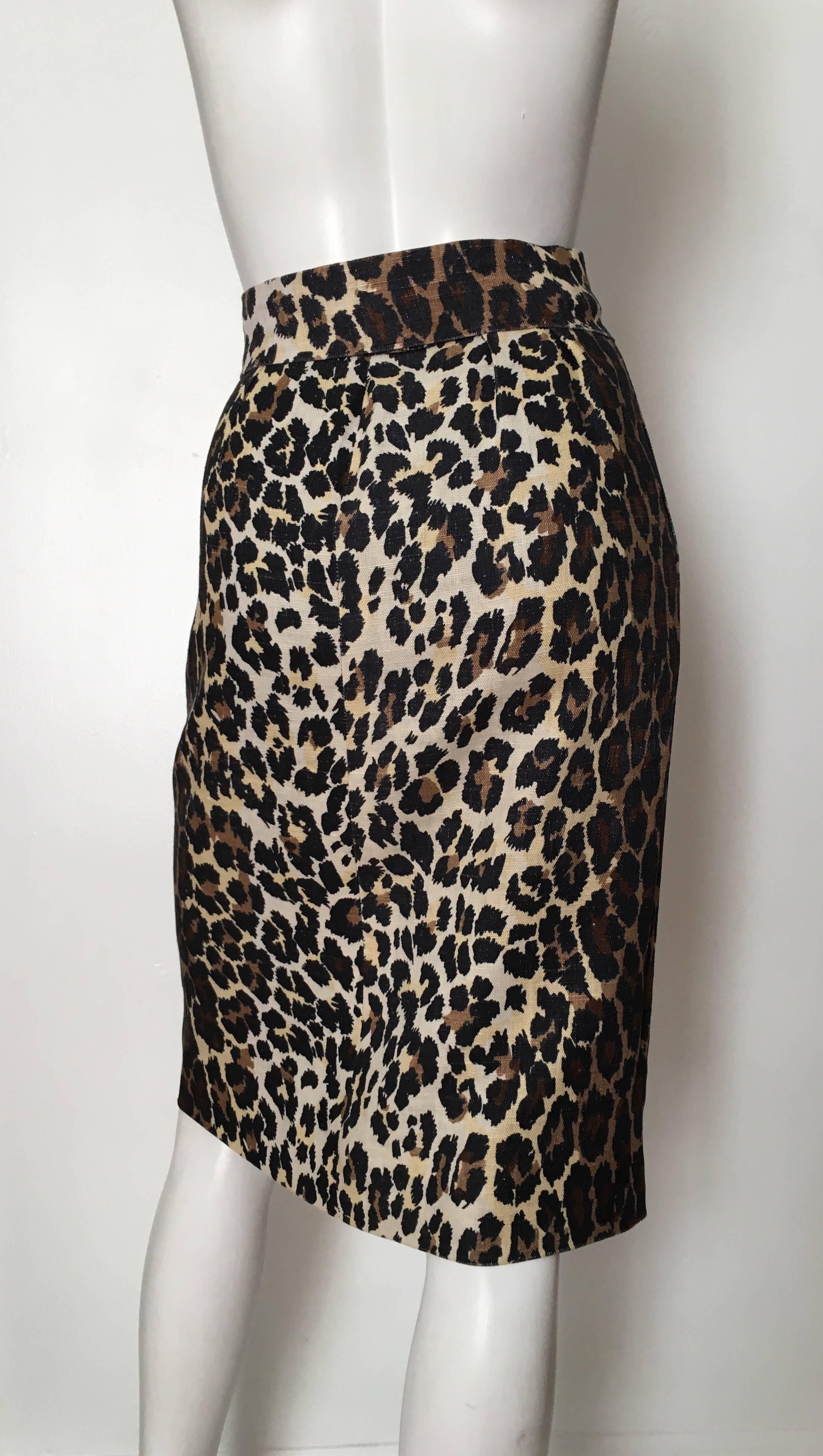 Black Bill Blass Linen Cheetah Print Skirt Size 4. For Sale