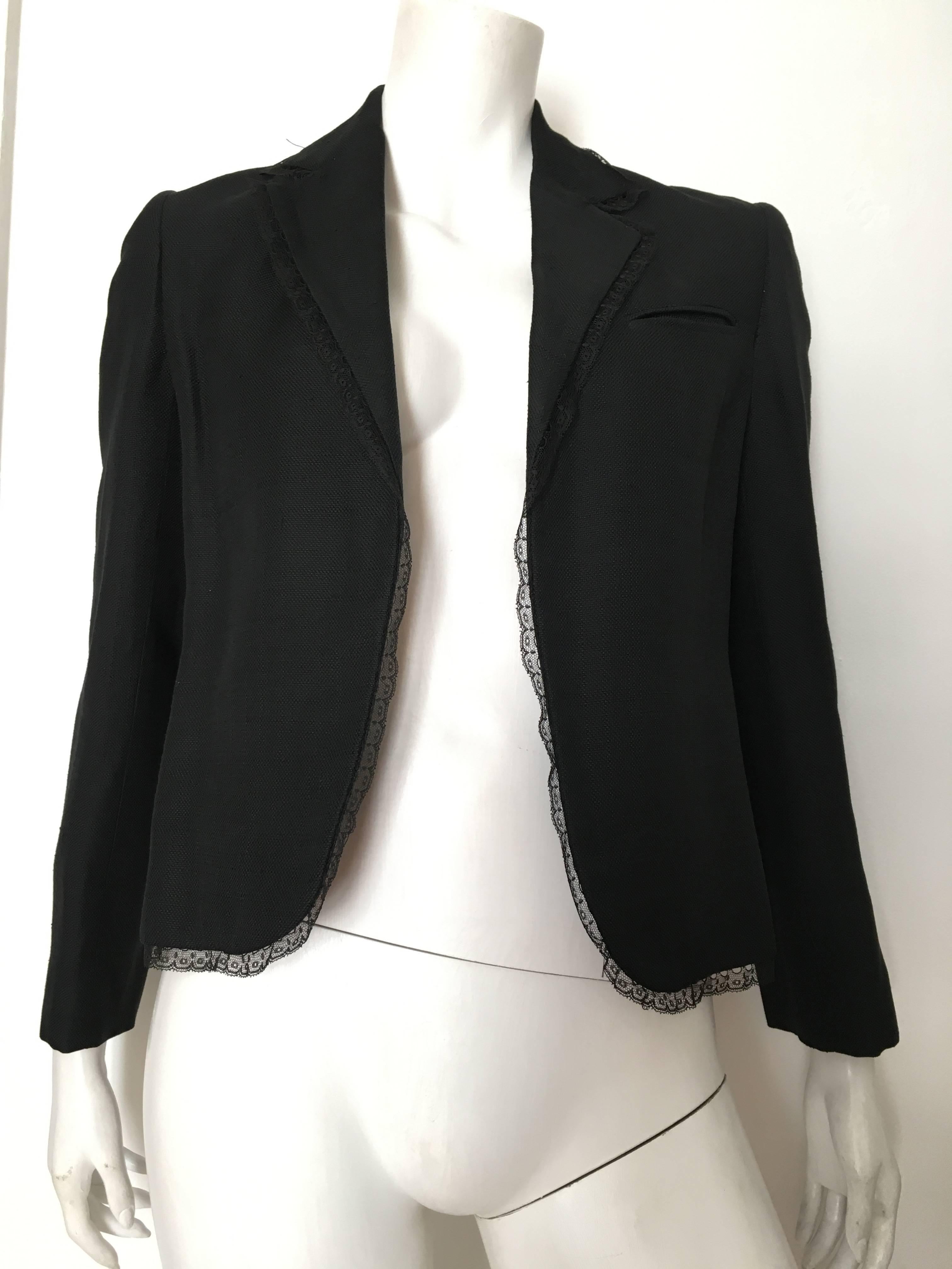 Bill Blass 1980s black linen with black lace trim jacket is labeled size 10 but fits like a modern USA size 8.  Please grab your tape measure so you can measure your bust line and sleeve length to make certain this will fit your lovely body.  There