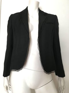 Bill Blass 1980s Black Linen with Lace Trim Jacket Size 8.