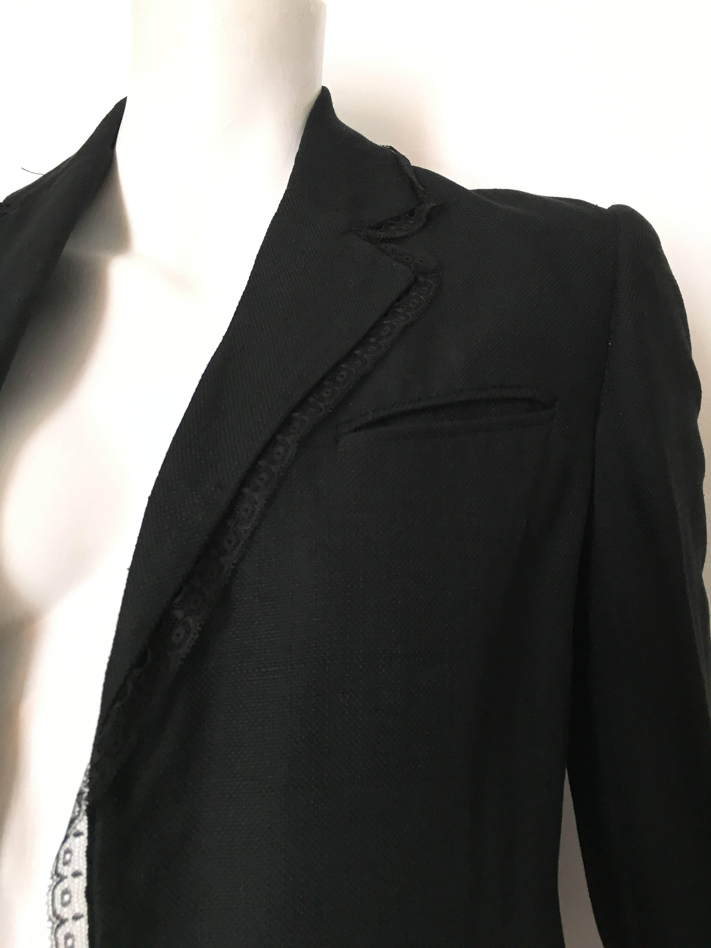 Women's or Men's Bill Blass 1980s Black Linen with Lace Trim Jacket Size 8. For Sale