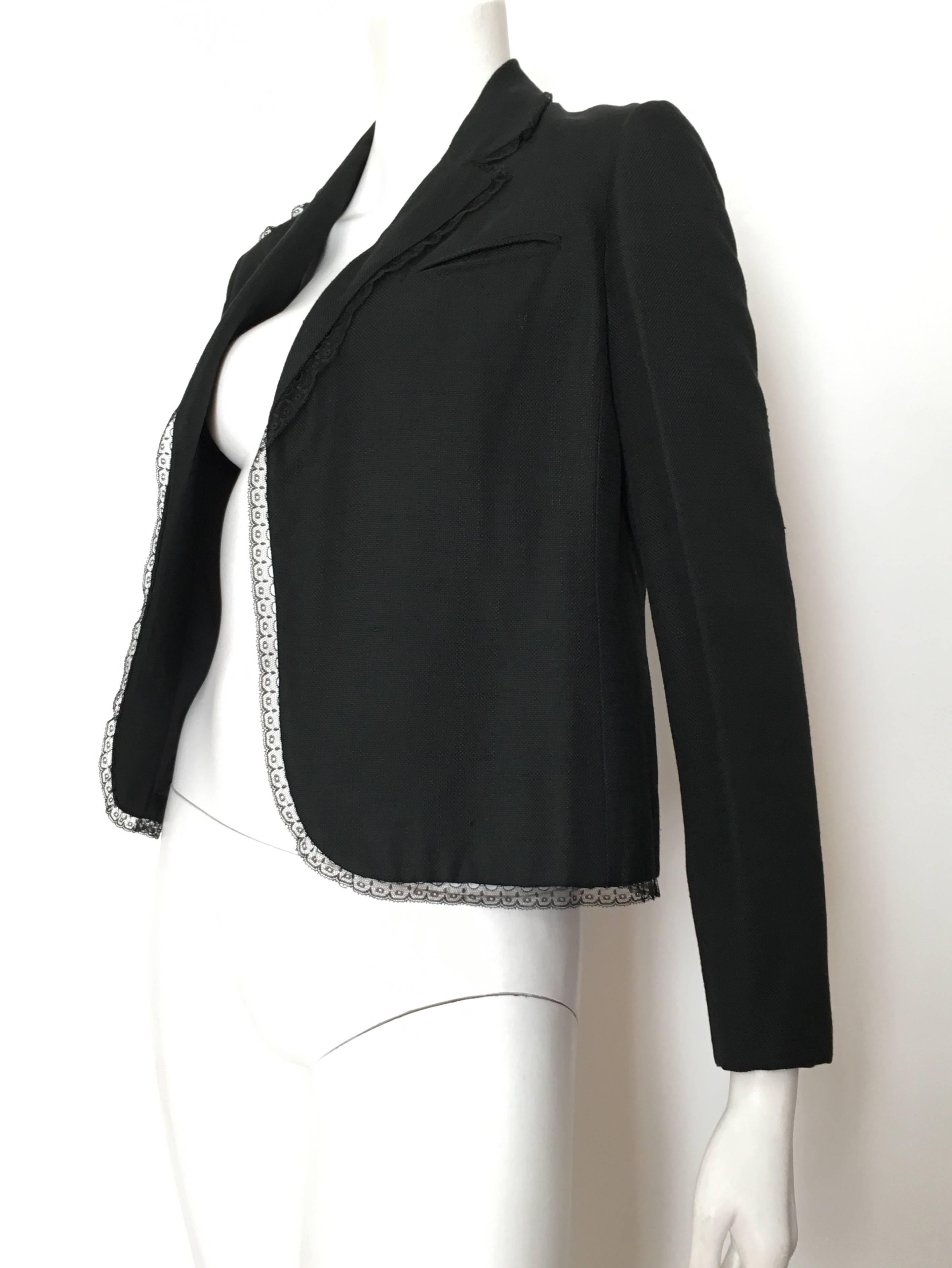 Bill Blass 1980s Black Linen with Lace Trim Jacket Size 8. For Sale 5