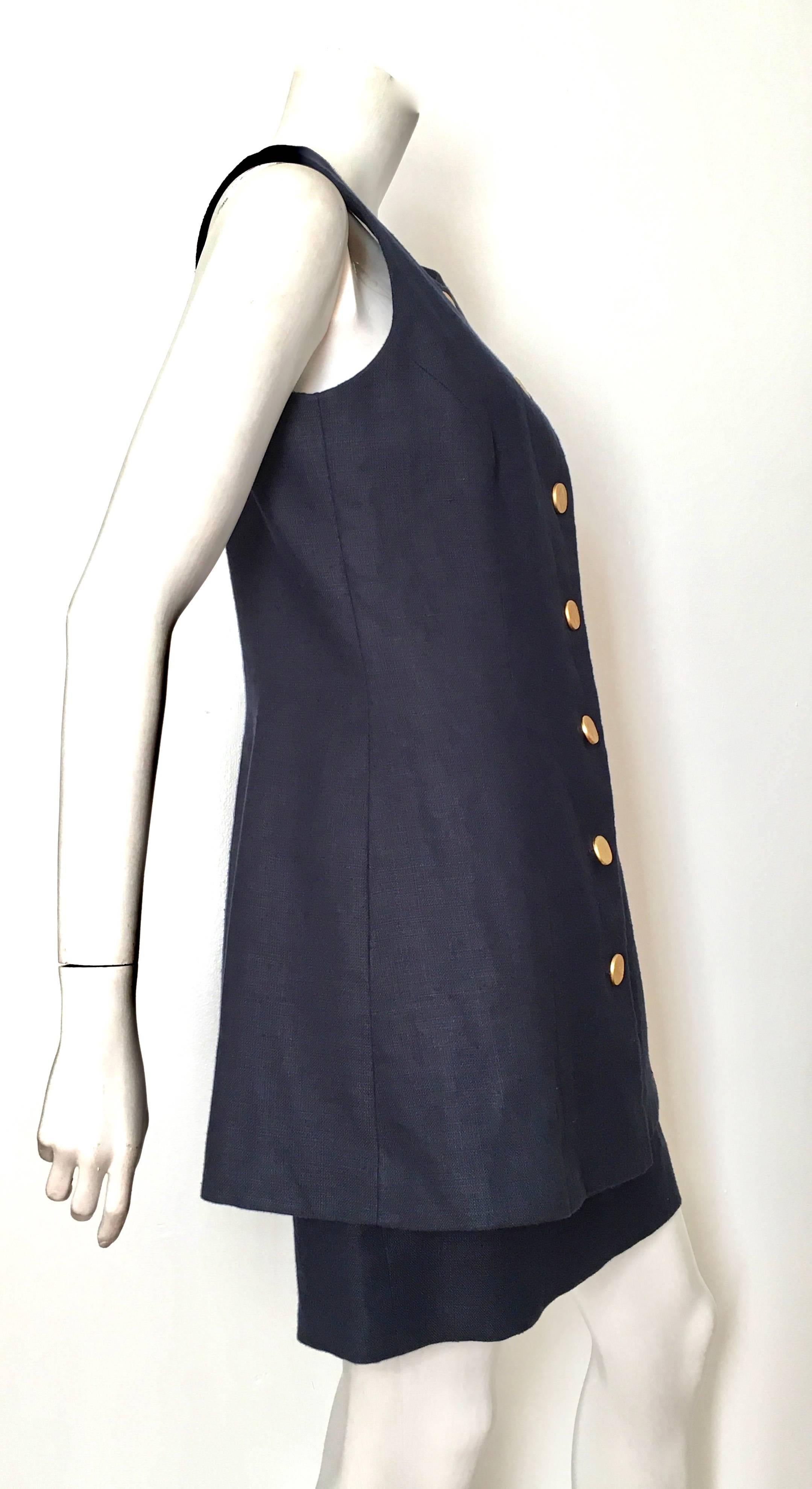 Arnold Scaasi 1980s 2 piece navy linen sleeveless jacket & skirt set is labeled a size 10 but fits more like a modern USA size 8.  Please grab your tape measure so you can measure your bust, waist & hips to make certain this vintage treasure will