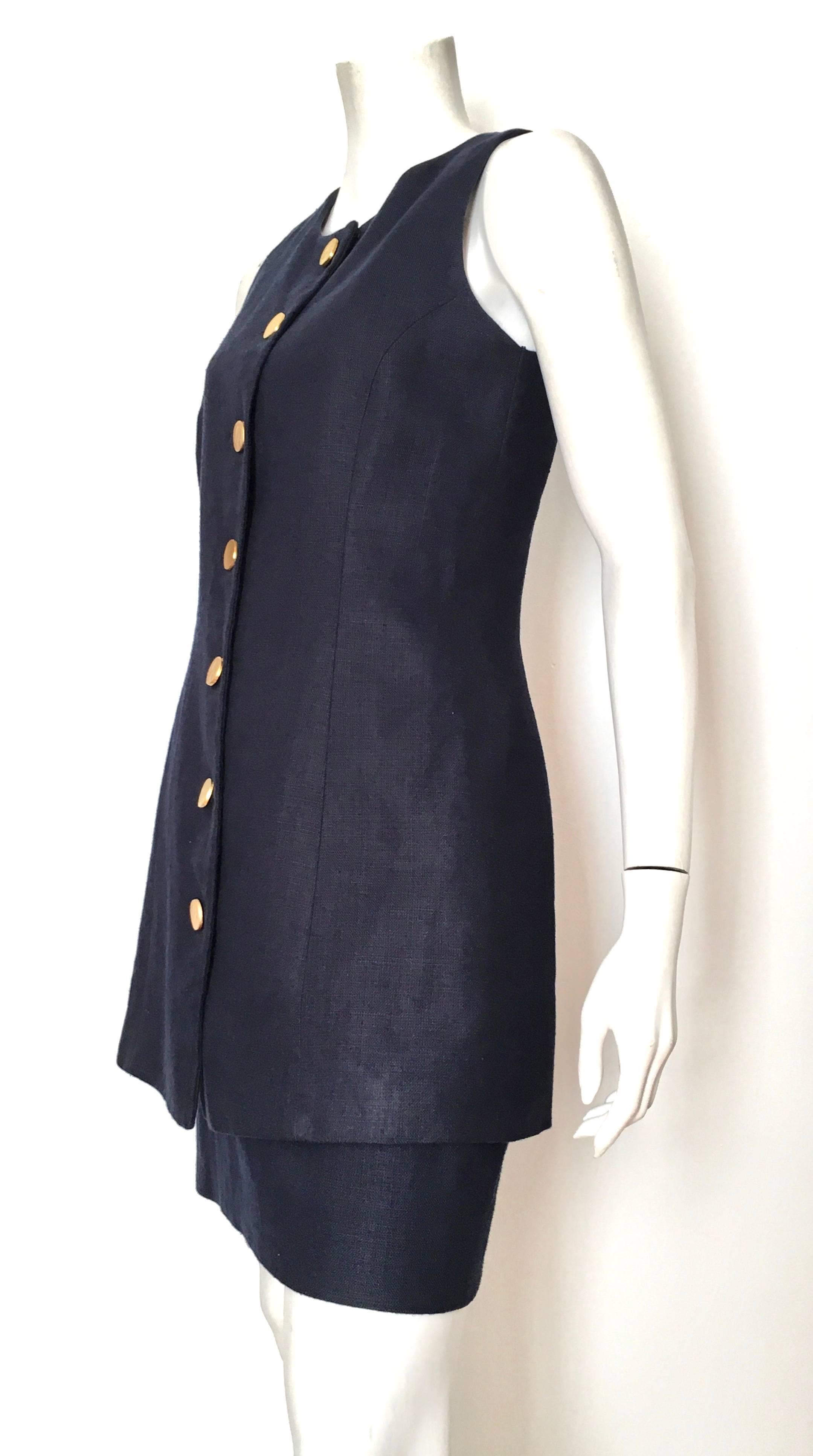 Women's or Men's Arnold Scaasi 1980s Navy Linen Jacket & Skirt Set Size 8. For Sale