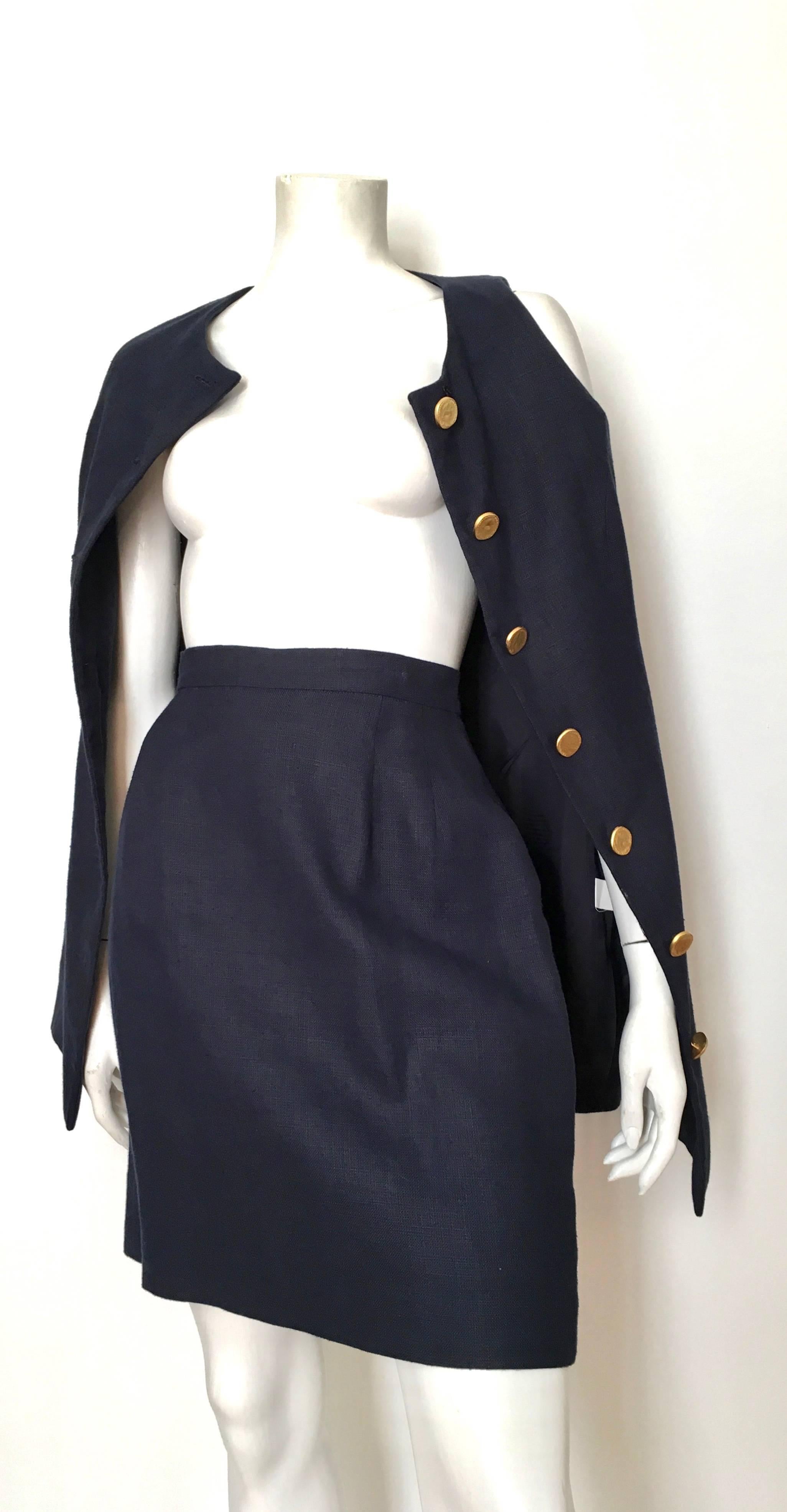 Arnold Scaasi 1980s Navy Linen Jacket & Skirt Set Size 8. For Sale 3