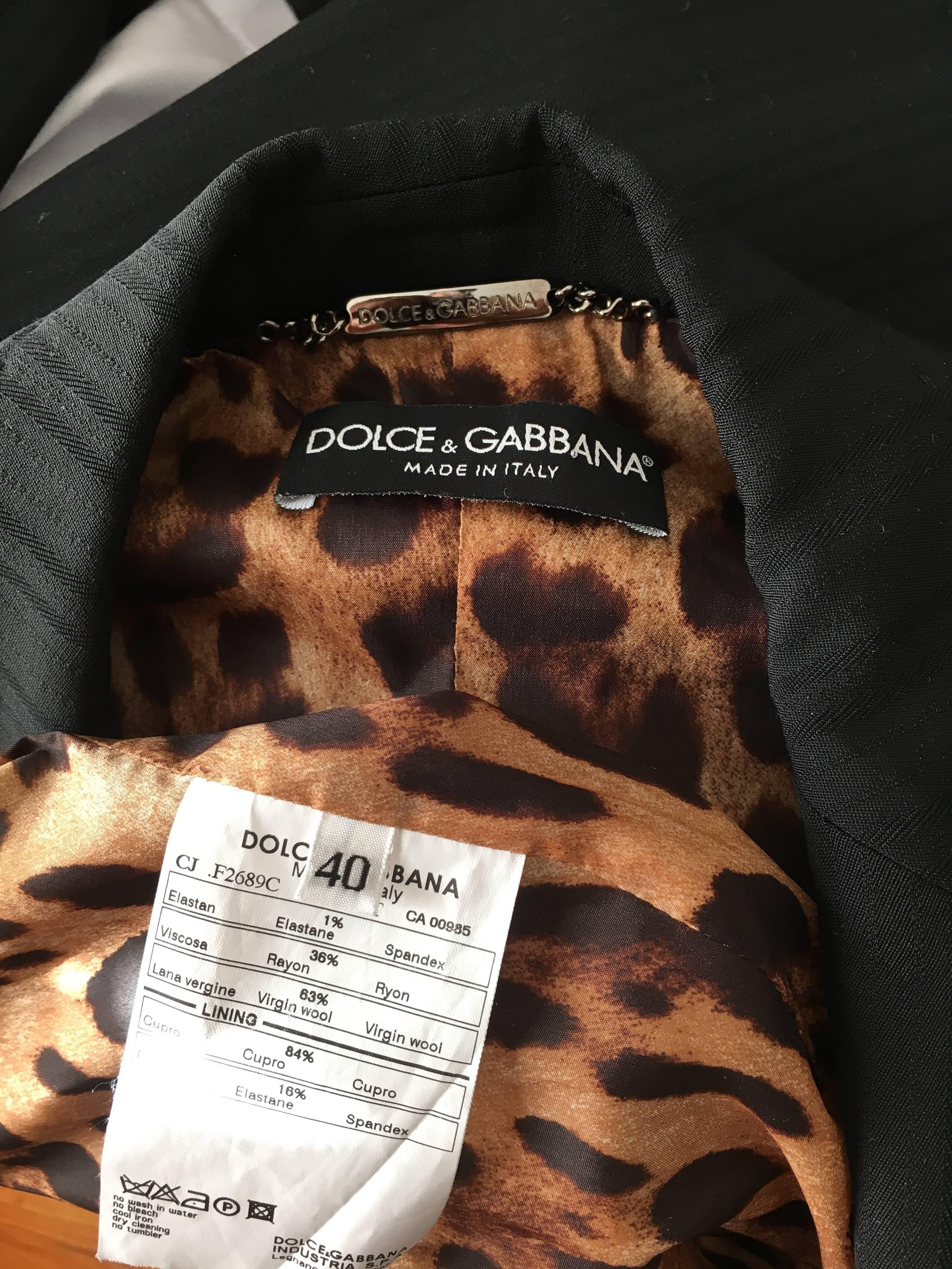 Dolce & Gabbana Black Striped Wool Pant Suit with Cheetah lining Size 4. For Sale 4