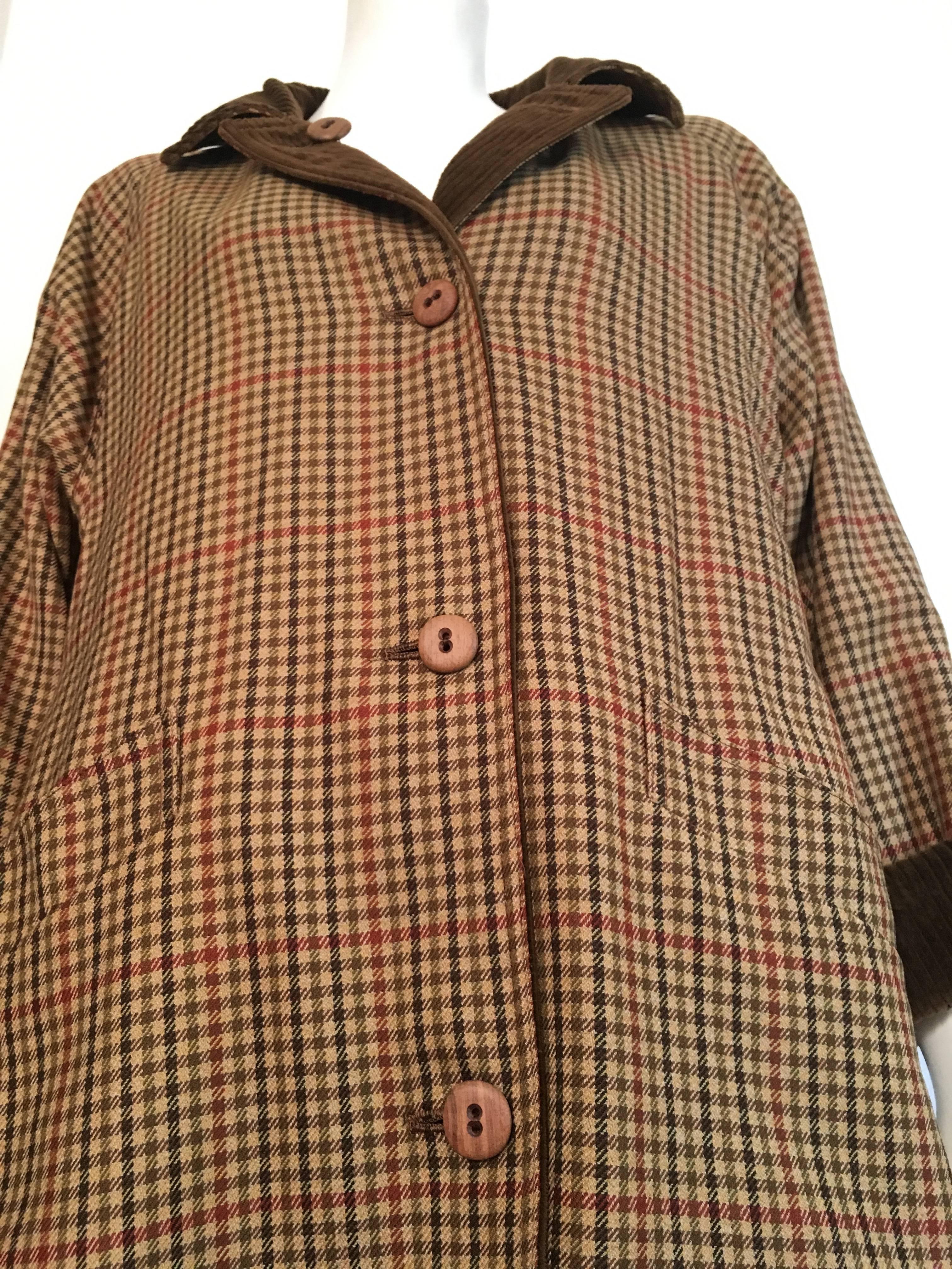 Brown Bill Blass 1970s Reversible Plaid & Corduroy Coat / Dress with Pockets Size 12. For Sale