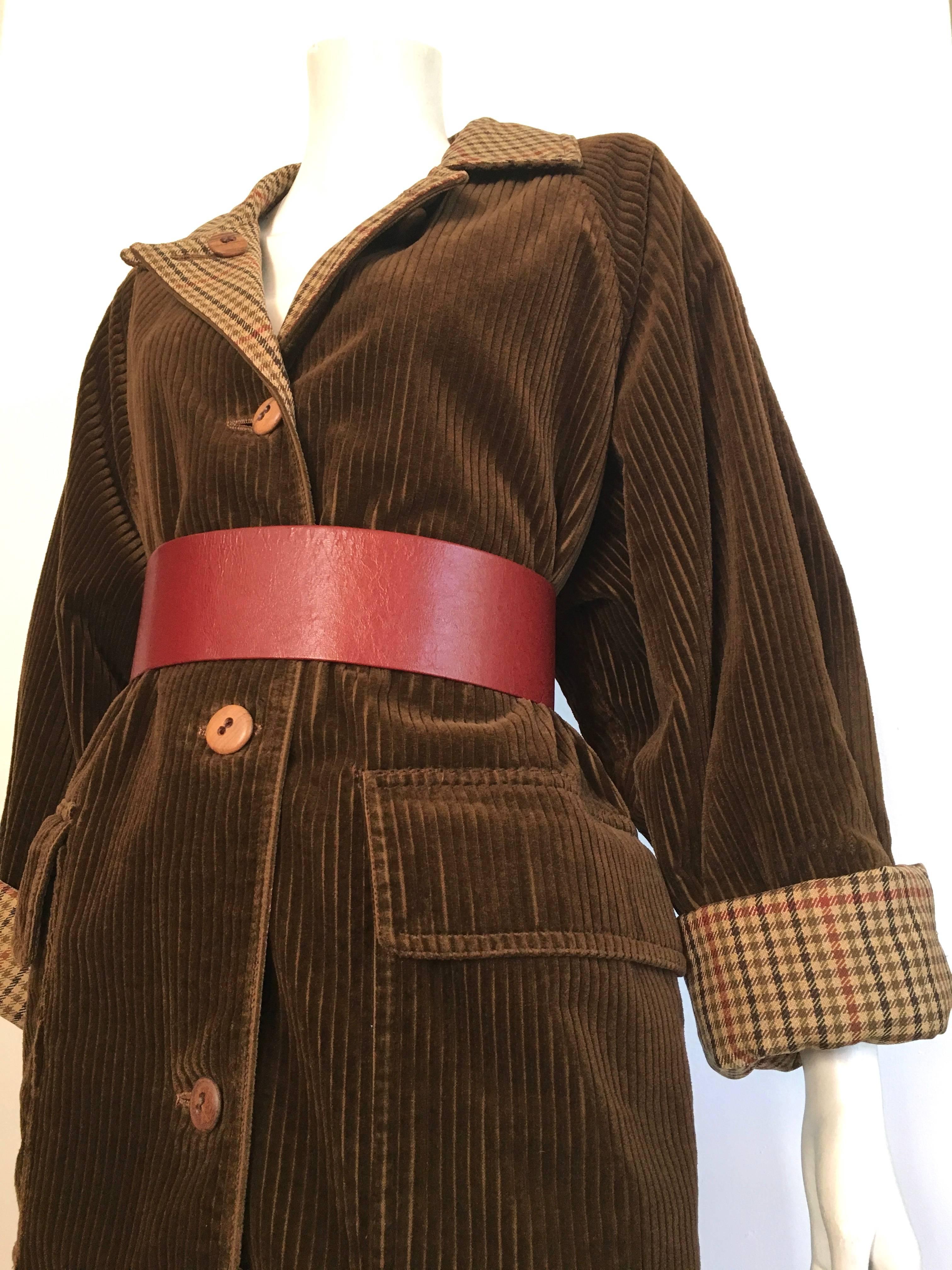 Bill Blass 1970s Reversible Plaid & Corduroy Coat / Dress with Pockets Size 12. For Sale 1