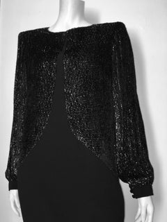 Bob Mackie 1980s Black Wool Crepe with Silver Metallic Lame Evening Dress Size 8