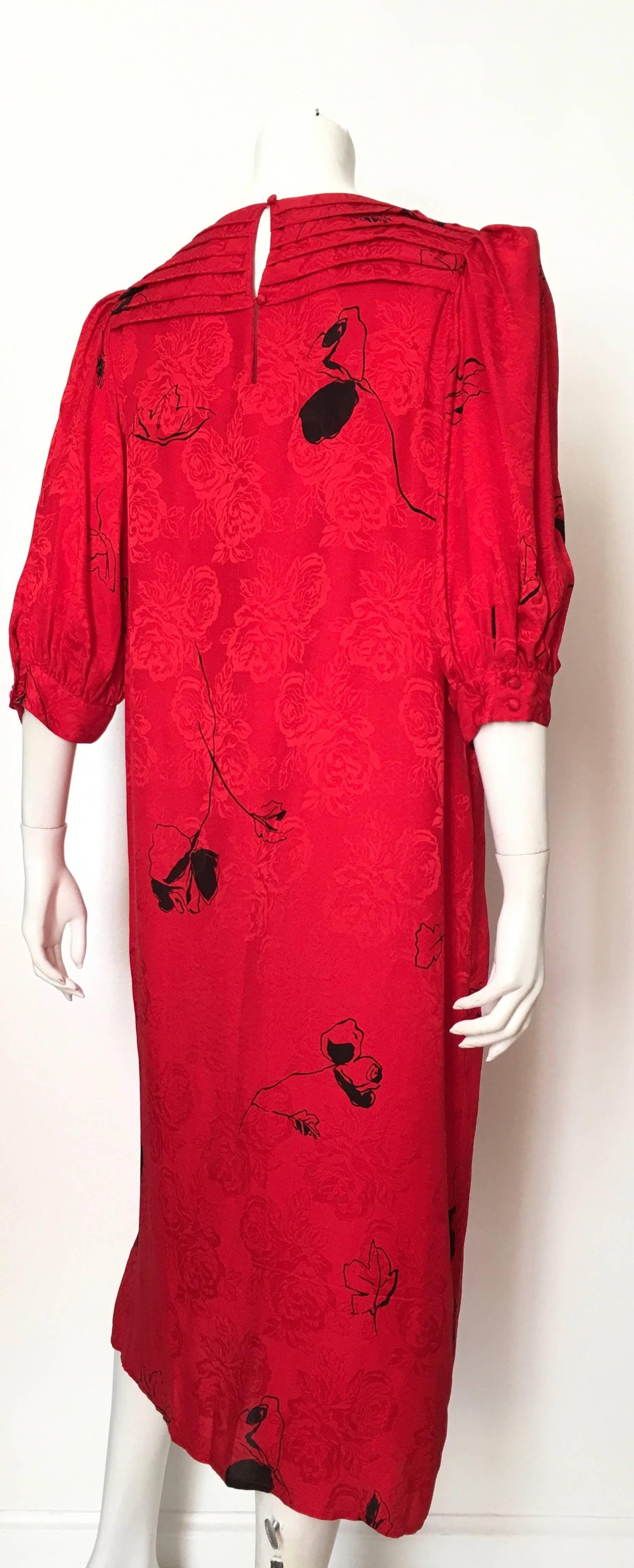 Flora Kung Special Edition 1980s Red Silk Floral Dress Size 8. For Sale 1