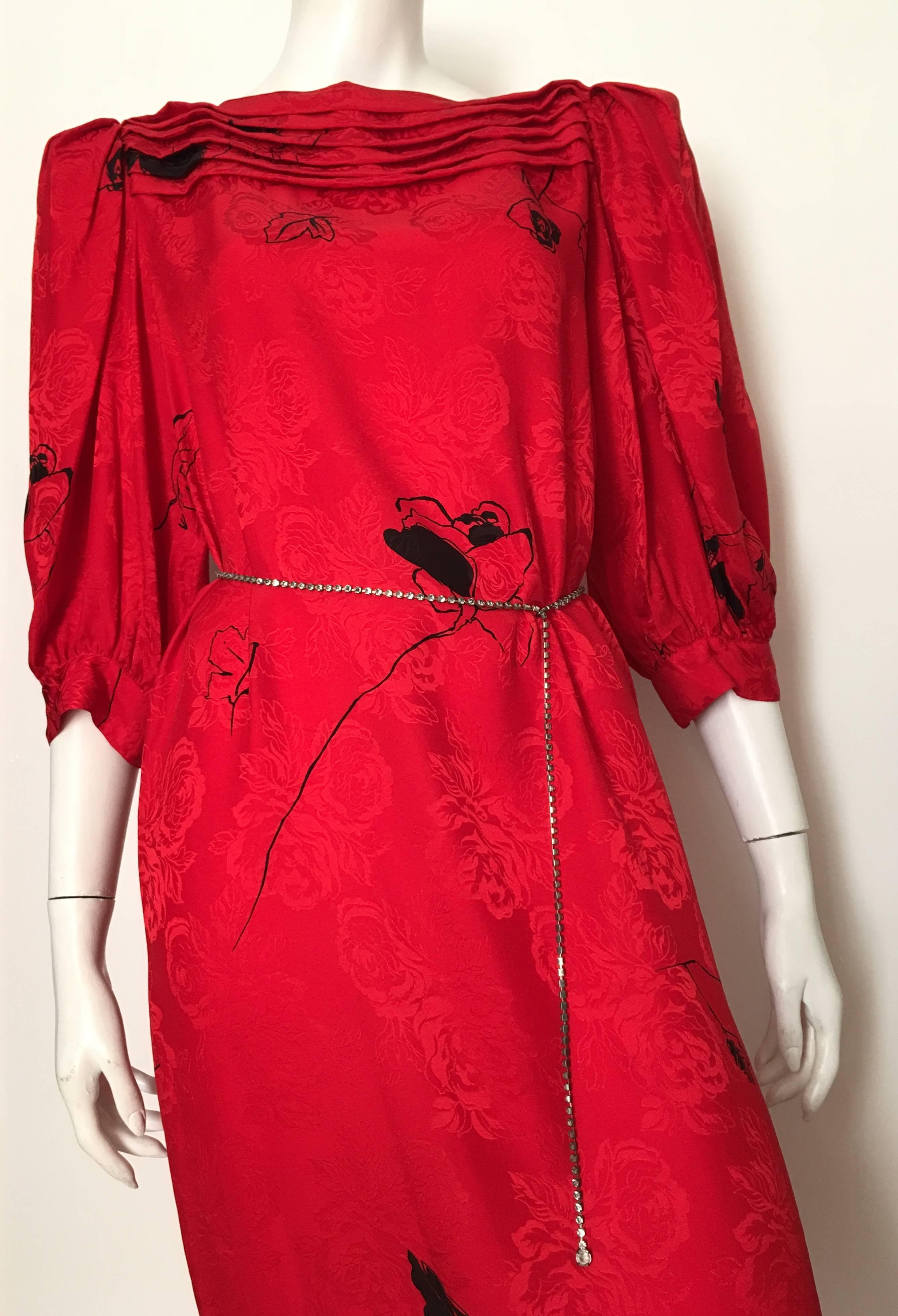 Flora Kung Special Edition 1980s Red Silk Floral Dress Size 8. For Sale 5
