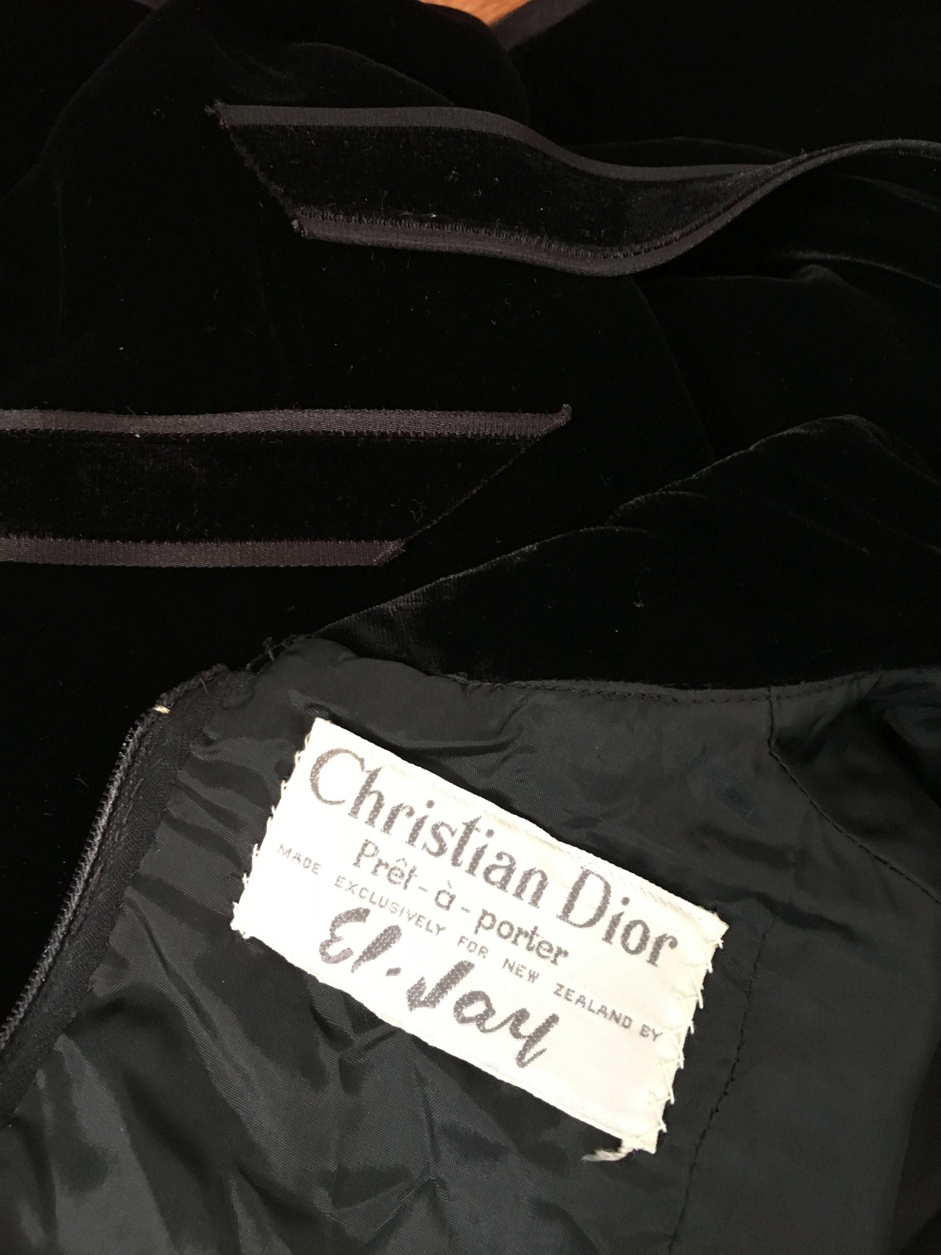 Dior for El Jay 1960s Black Velvet Evening Dress with Bow & Belt Size 6. 5