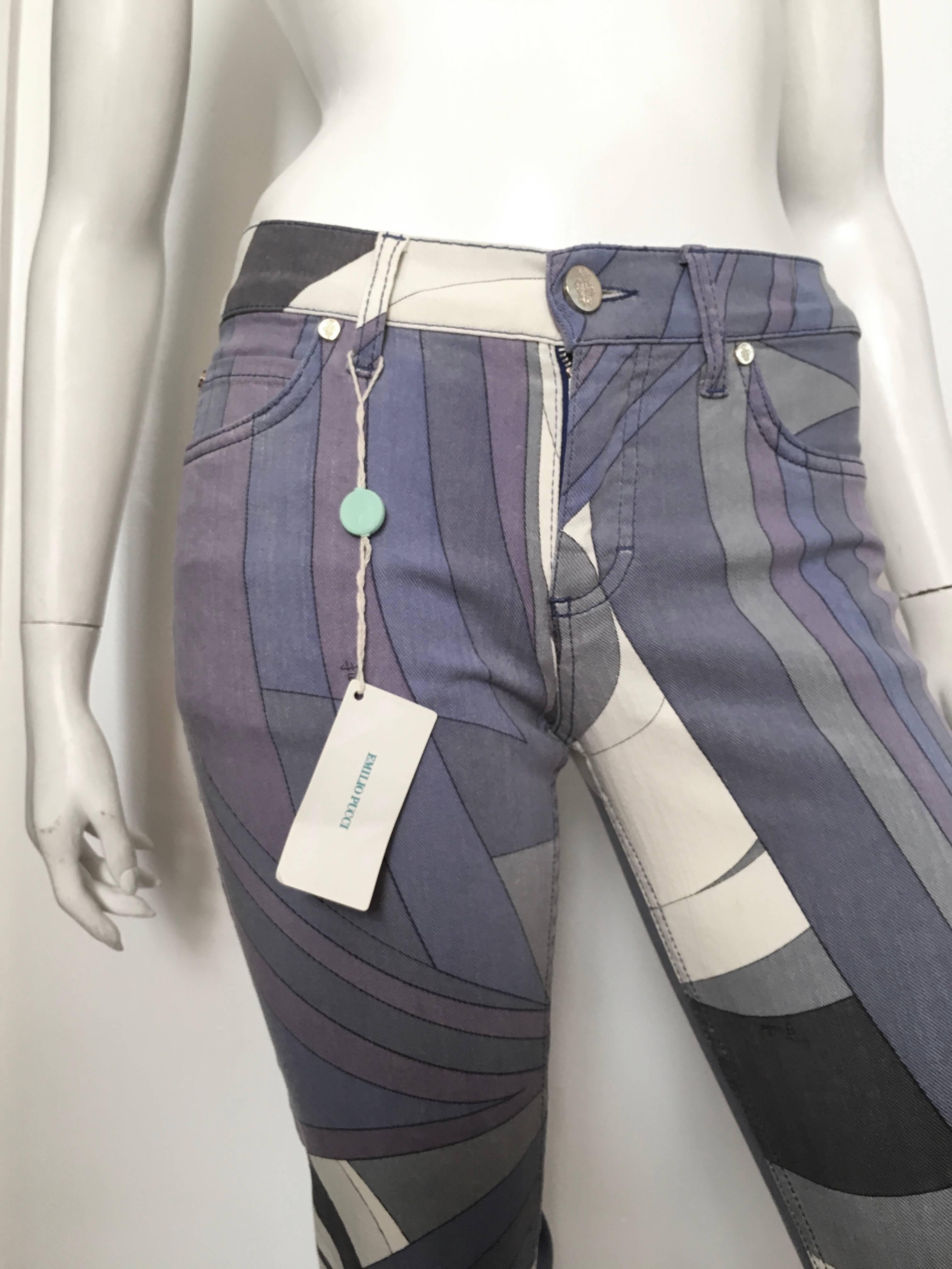 Emilio Pucci iconic whimsical pattern cotton stretch skinny jeans is labeled an USA size 6 and an Italian size 40 but fits like an USA size 4. Matilda the Mannequin is a true size 4 and these are skin tight on her. If these are a size 6 then I'm