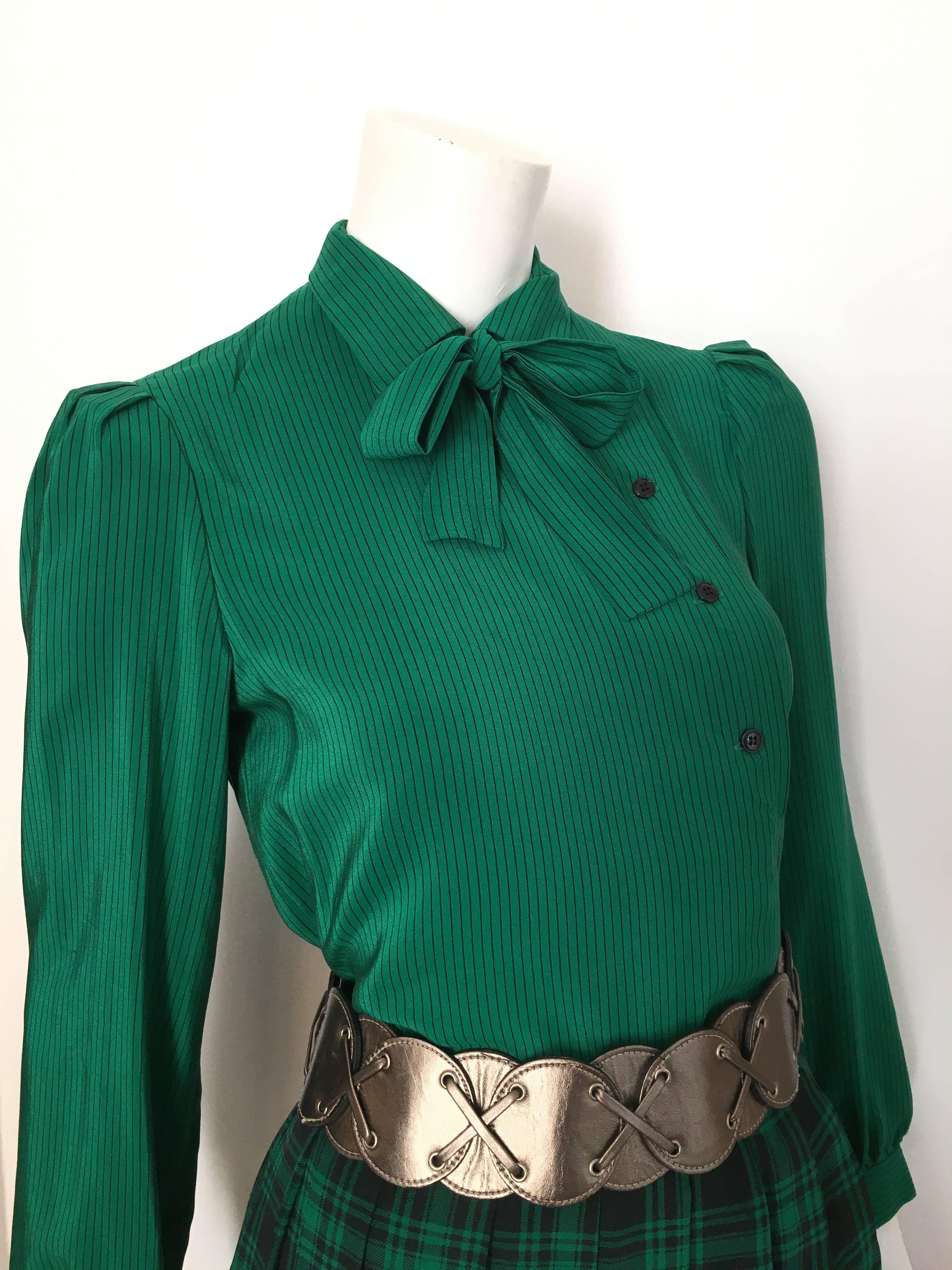 Black Oscar de la Renta 1980s Silk Striped Blouse & Plaid Pleated Skirt Size 4.