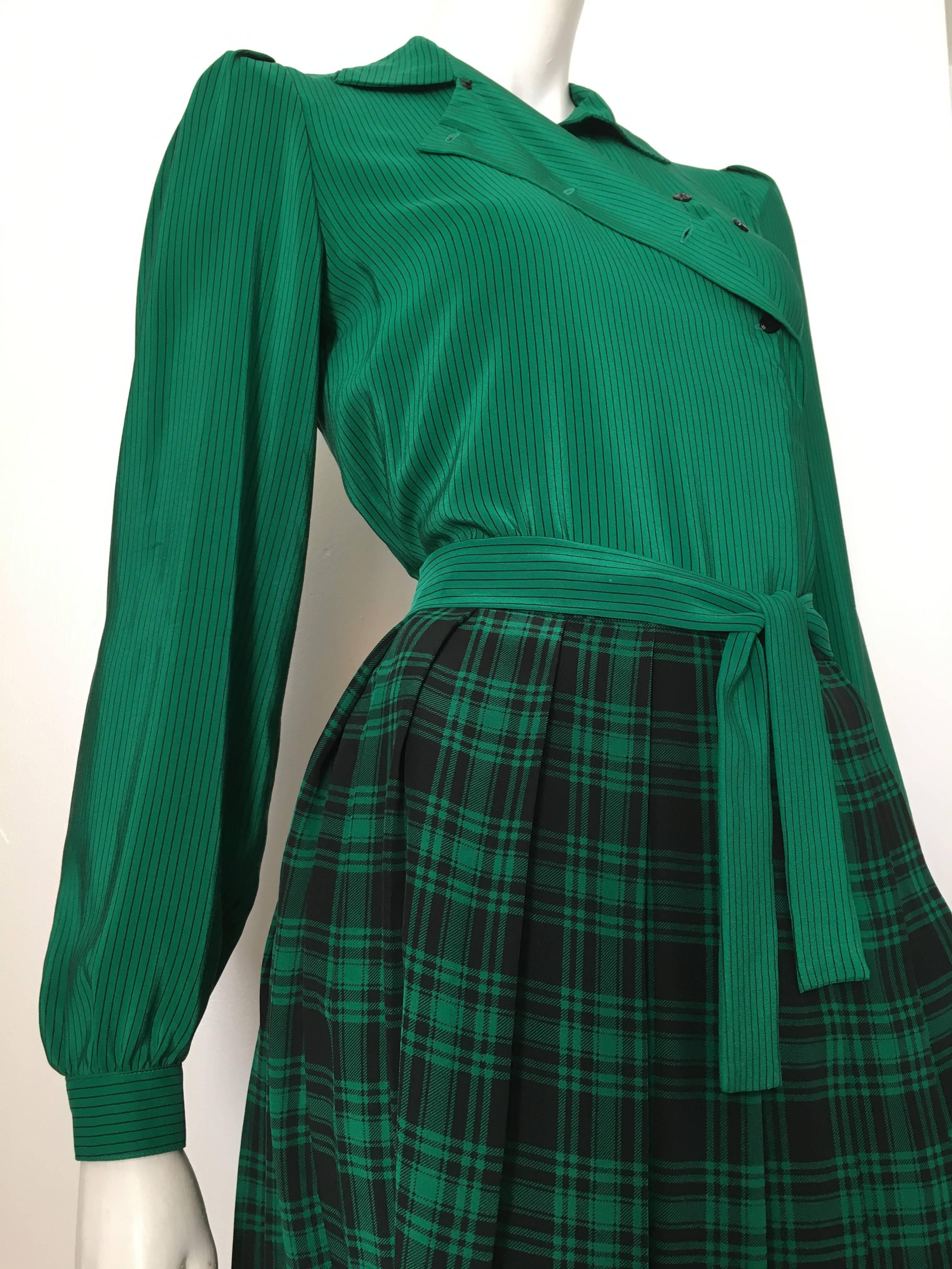 Oscar de la Renta 1980s Silk Striped Blouse & Plaid Pleated Skirt Size 4. 3